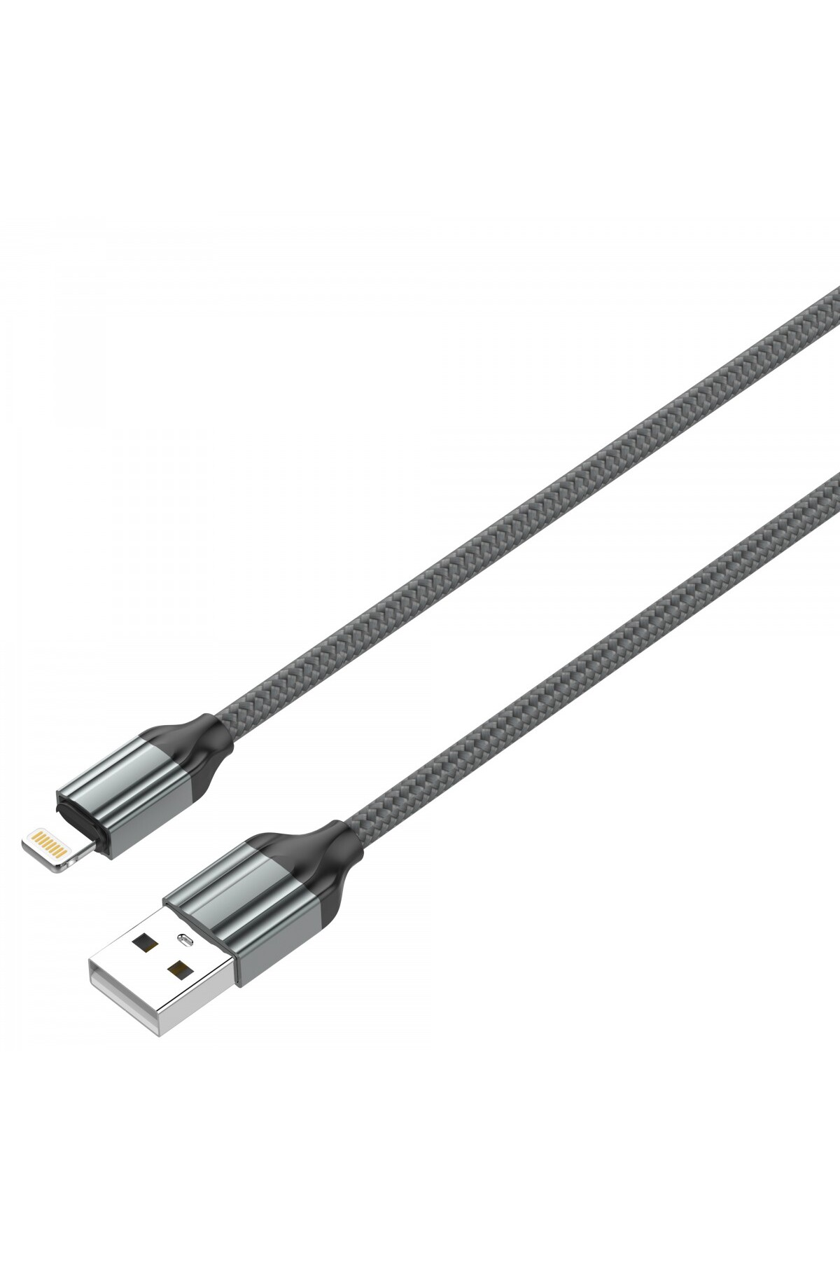Beyaz zemin üzerinde, Lightning konektörlü ve USB konnektörlü gri bir USB şarj kablosu.