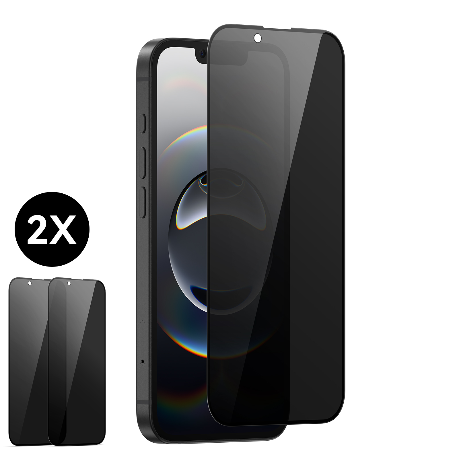 Ein iPhone mit aufgebrachter Privacy-Displayschutzfolie. Zwei Schutzfolien und ein schwarzer Kreis mit '2X' sind ebenfalls abgebildet.
