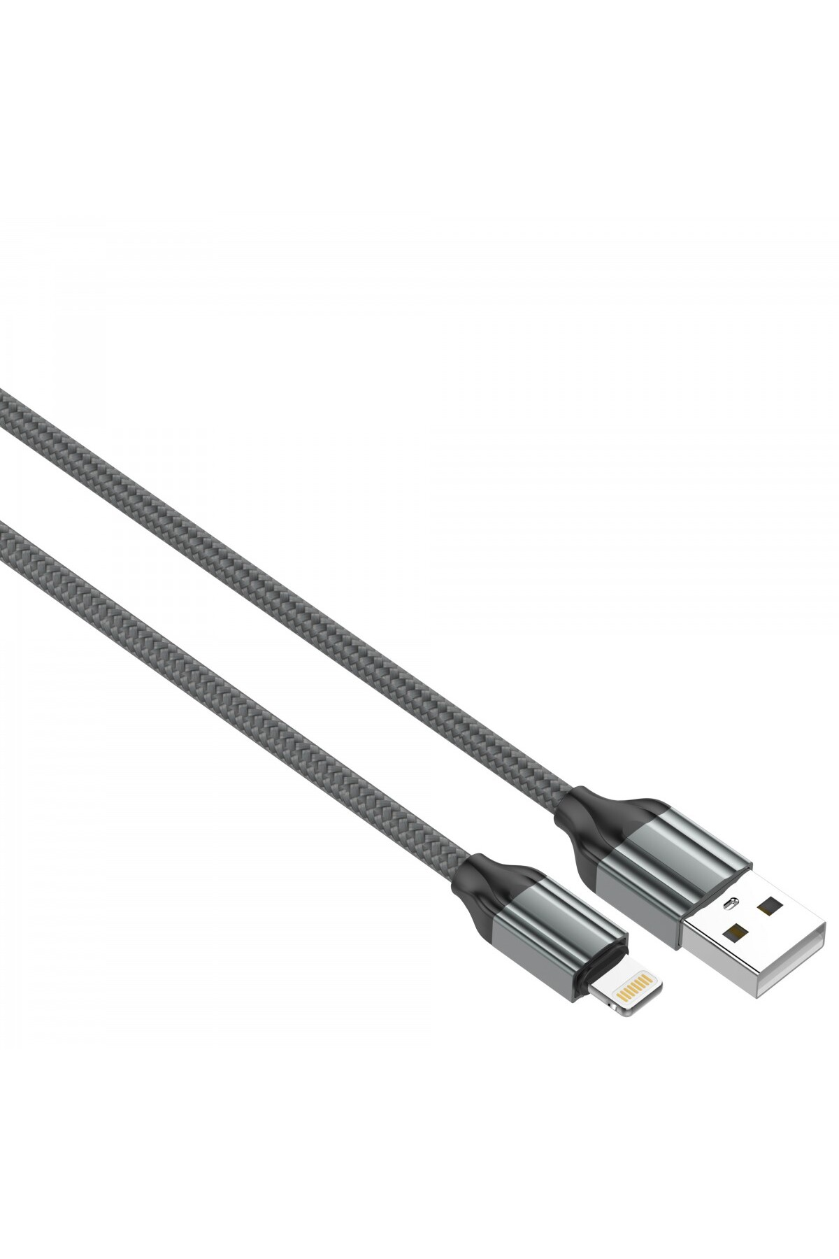 Beyaz zemin üzerinde, yıldırım konektörlü ve USB konektörlü gri bir USB şarj kablosu.