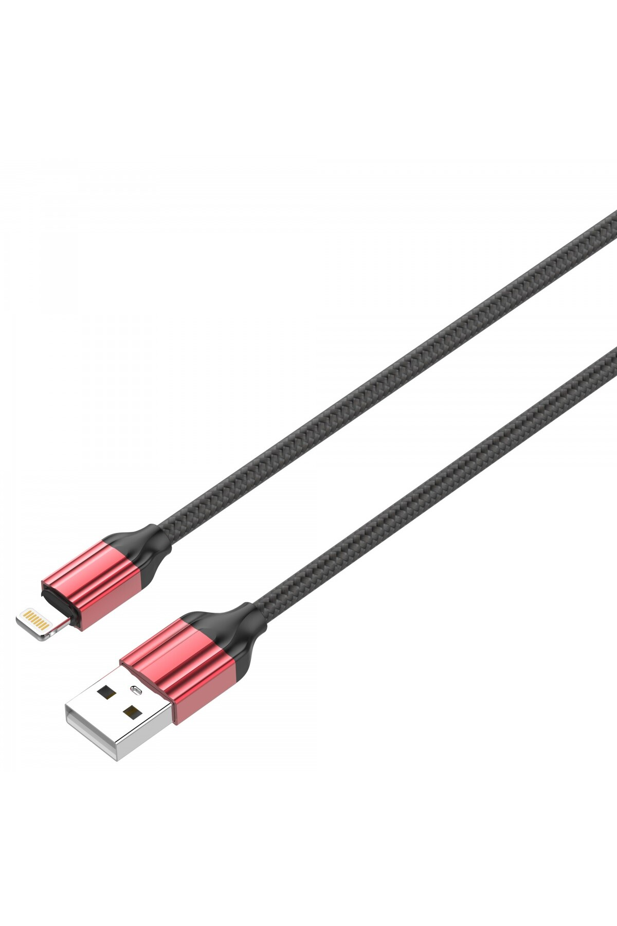 Siyah ve kırmızı bir USB şarj kablosu, çapraz açıda. USB ucu beyaz, yıldırım konnektörü ucu kırmızı.
