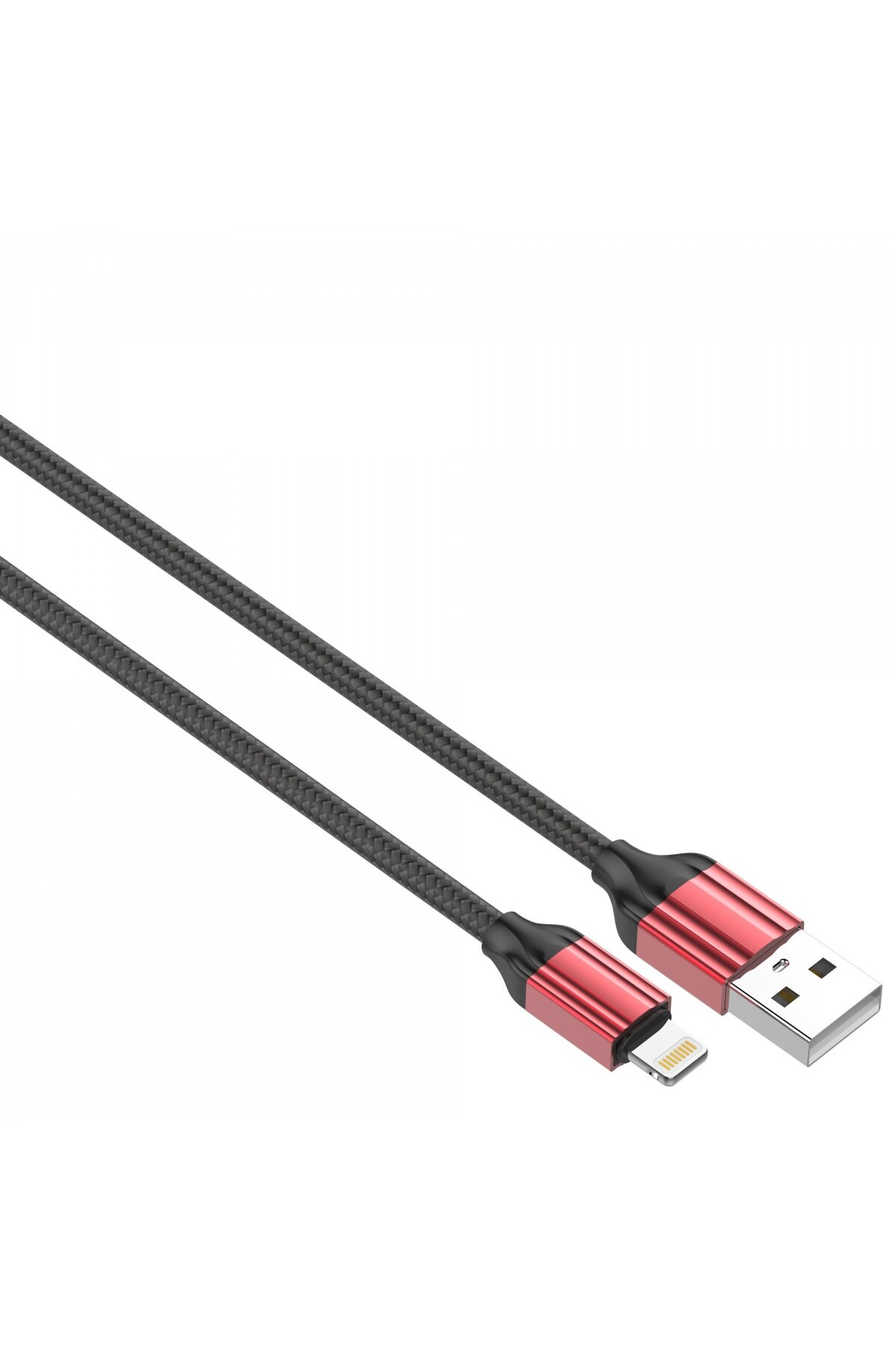 Siyah ve kırmızı bir USB şarj kablosu. Bir ucunda USB konektörü, diğer ucunda yıldırım konektörü var.