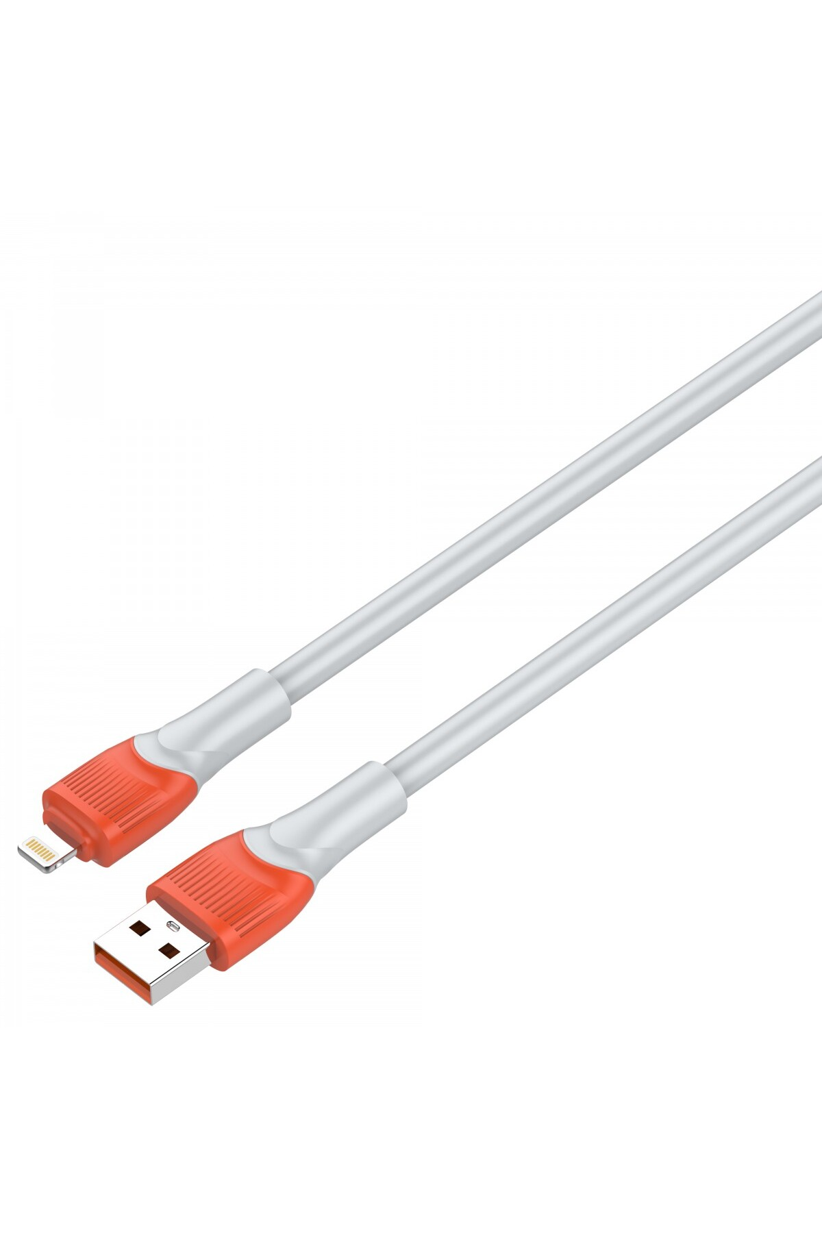 Turuncu konektörlü beyaz bir USB şarj kablosu. Lightning ve USB uçları görünür. Beyaz zemin.
