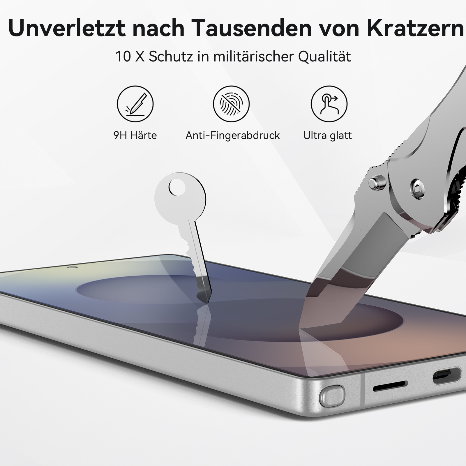 Ein Handybildschirm, auf den ein Schlüssel und ein Messer treffen, um den Schutz zu demonstrieren.