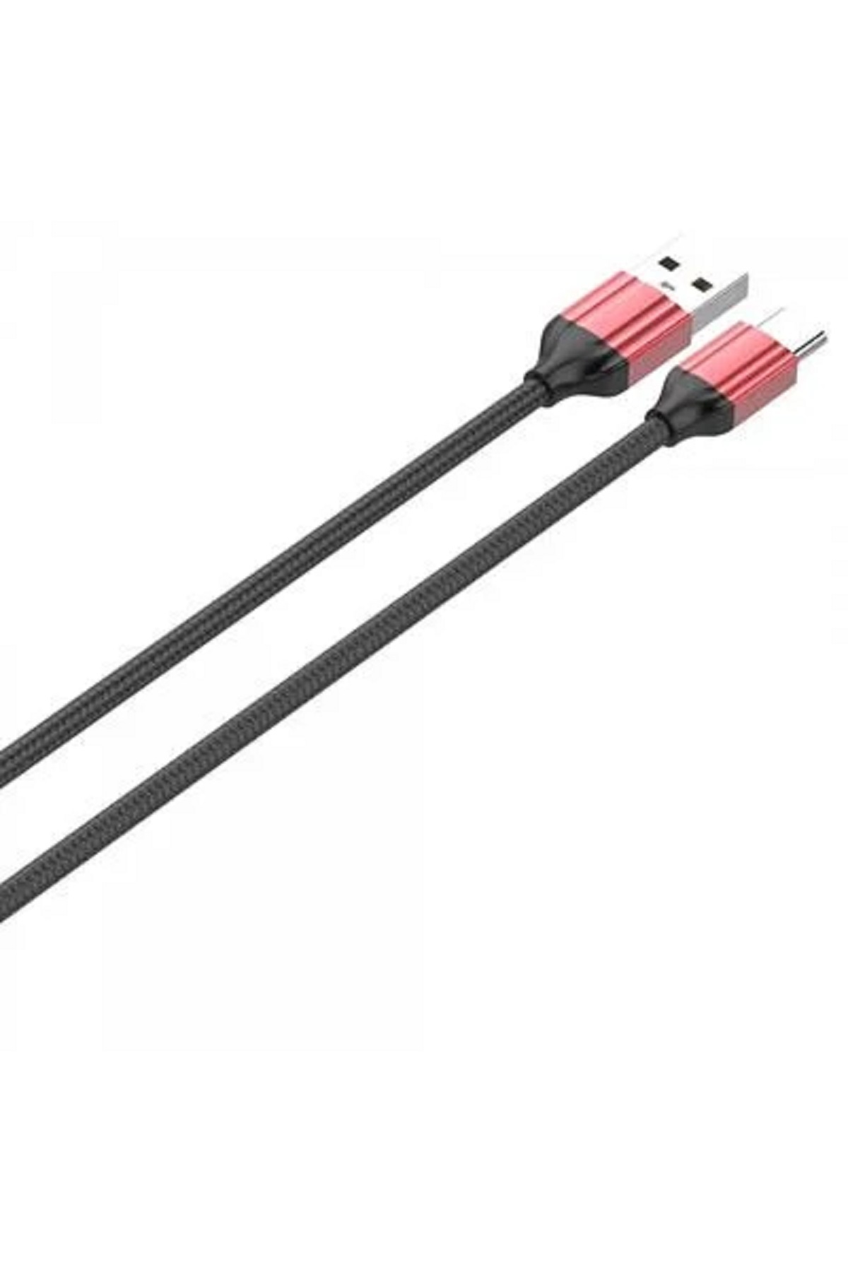 Kırmızı detaylı siyah bir USB kablosu. Kablonun USB-A ve USB-C olmak üzere iki konektörü var, beyaz zemin üzerinde.