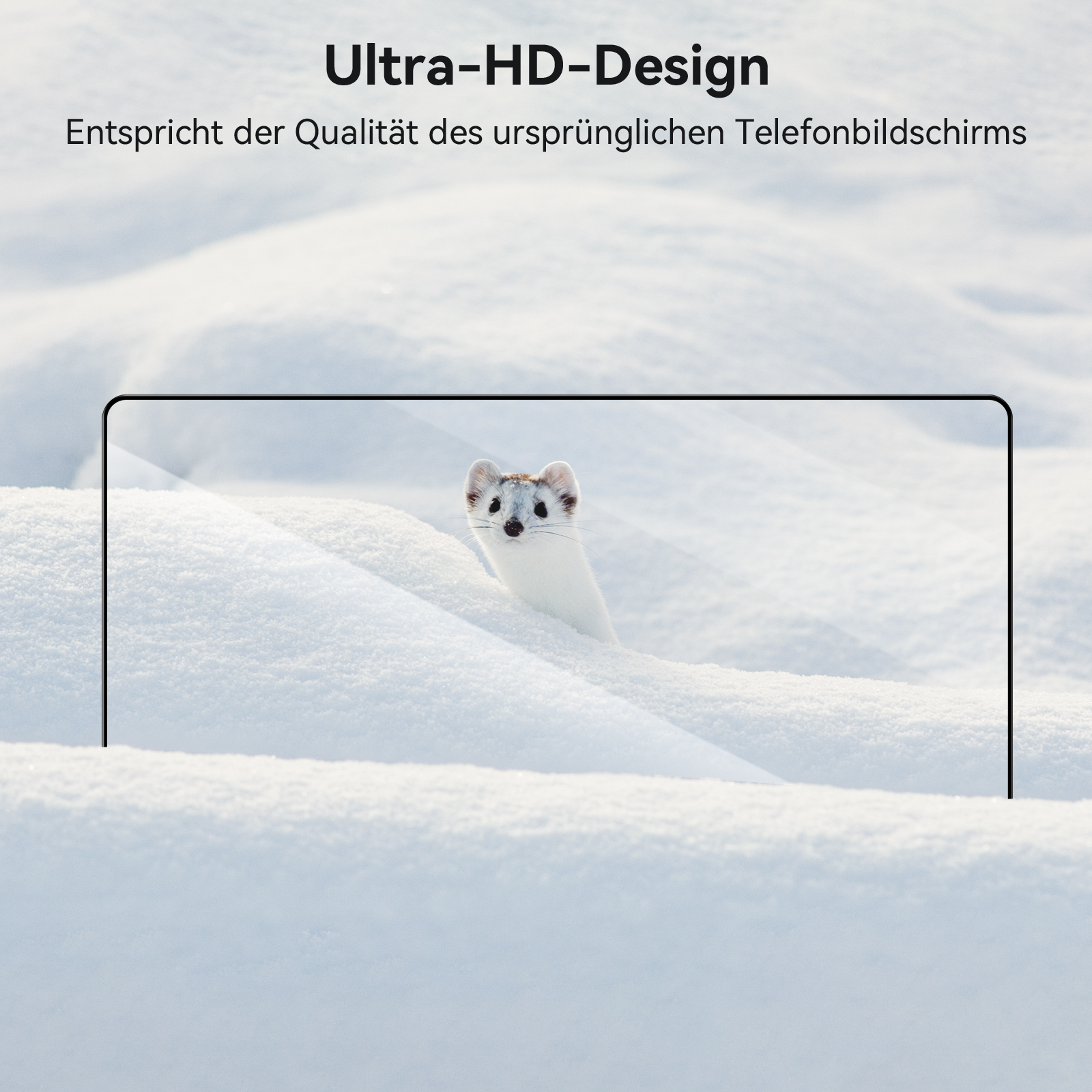 Ein weißes Wiesel blickt aus Schnee. Die Szene wird von einer Bildschirmgrafik mit Text eingerahmt: Ultra-HD-Design.