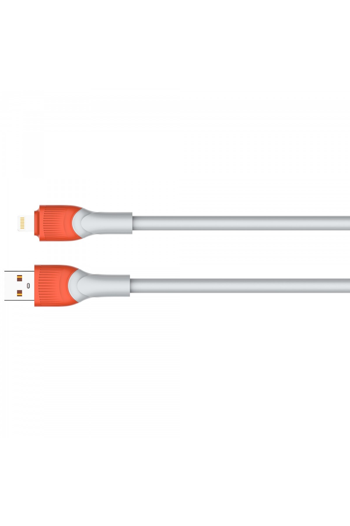 İki şarj kablosu. Biri Lightning konektörlü, diğeri USB konektörlü. Her ikisi de turuncu ve gri parçalara sahip.