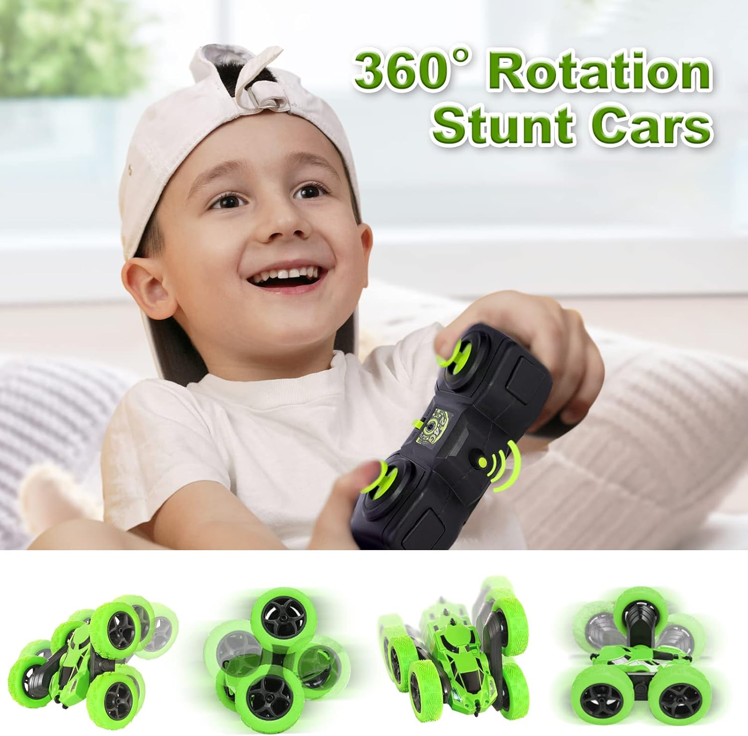 Ein lächelnder Junge hält eine Fernbedienung für ein grünes Stuntcar. Der Text lautet '360° Rotation Stunt Cars'. Drei Autobilder werden angezeigt.