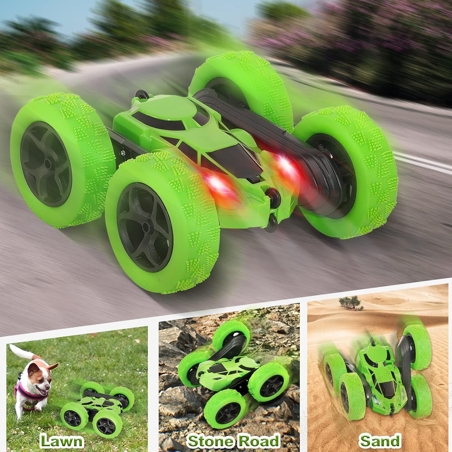 Ein grünes Spielzeugauto mit großen Rädern fährt auf einer Straße. Es ist in Bewegung, mit Bewegungsunschärfe. Weitere Bilder zeigen es auf Rasen, Stein und Sand.