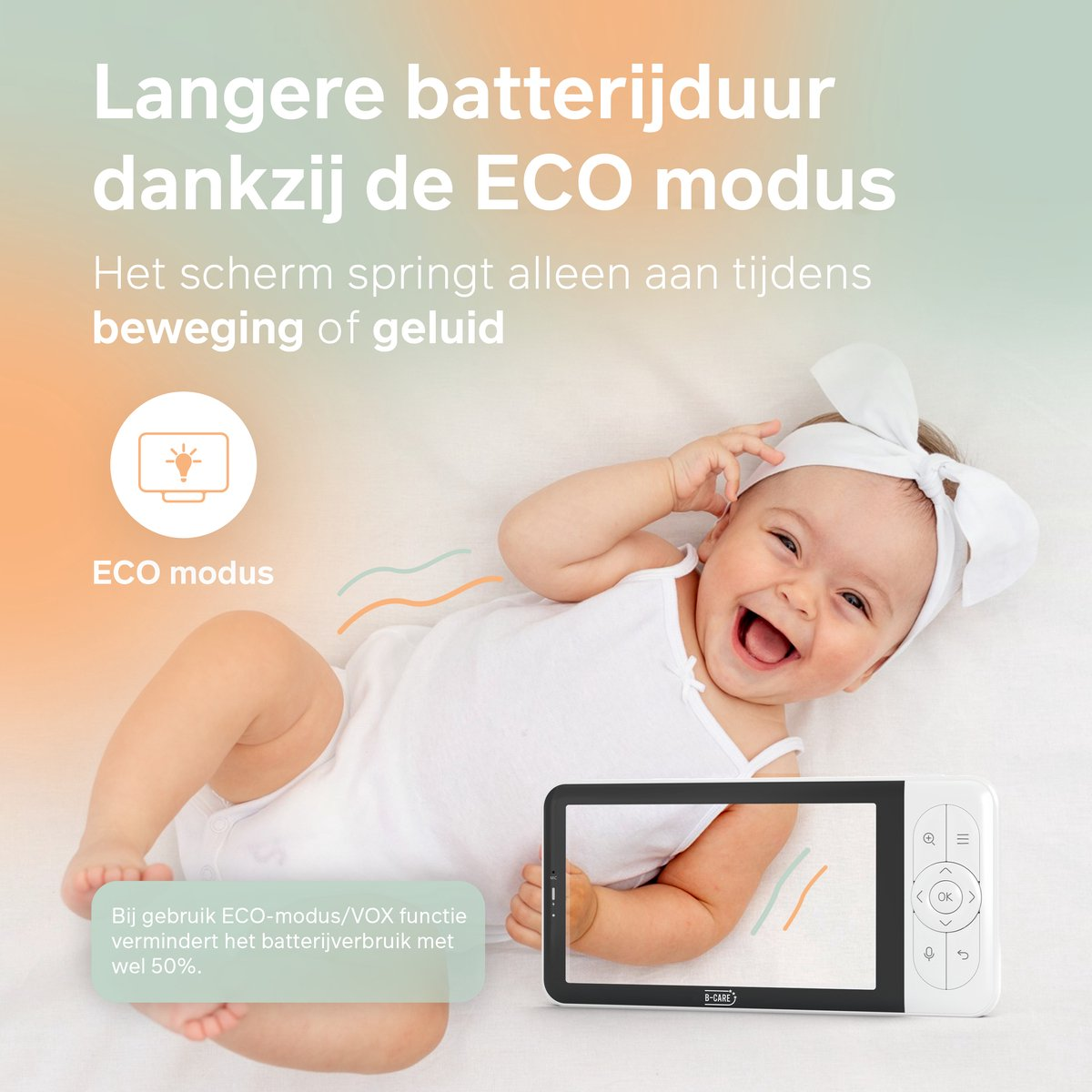 Ein Baby lächelt liegend mit einem Monitor. Der Text lautet: 'längere Akkulaufzeit dank ECO-Modus'. Ein Symbol für 'ECO-Modus' wird angezeigt.