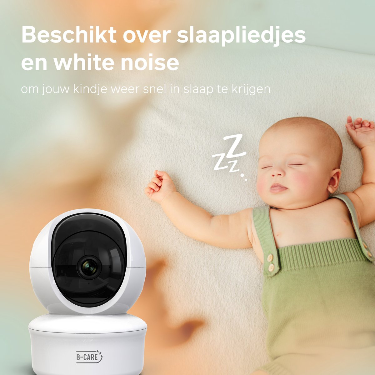 Ein schlafendes Baby in grünen Overalls mit einer weißen Kamera links. Zz-Symbole über dem Baby. Text auf Niederländisch oben.