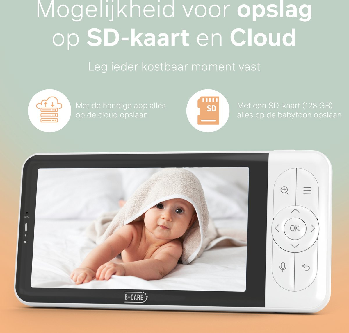 Ein Babyphone mit Bildschirm, auf dem ein in ein Handtuch gewickeltes Baby zu sehen ist. Text zeigt SD-Karte und Cloud-Speicheroptionen.