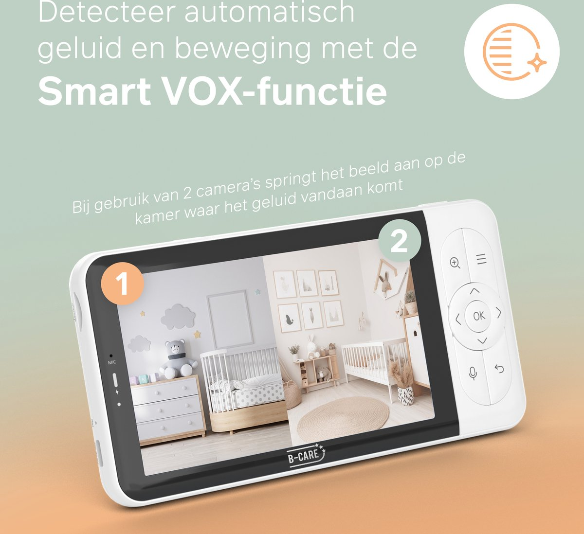Ein Babyphone zeigt zwei Kinderzimmeransichten. Text erwähnt die Smart VOX-Funktion. Knöpfe und ein Mikrofon sind sichtbar.