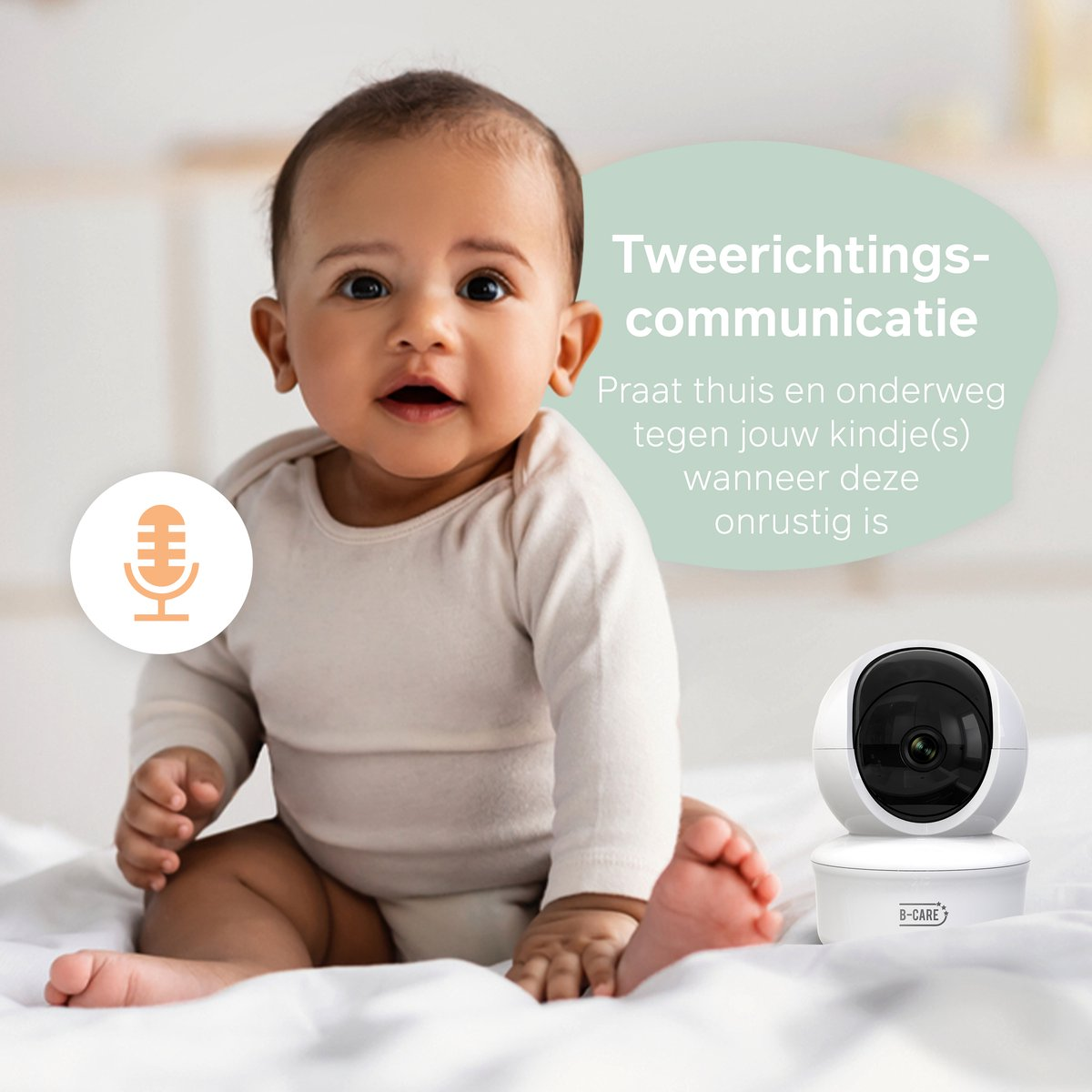 Ein Baby sitzt neben einem Babyphone auf einem Bett. Text: 'Zwei-Wege-Kommunikation'.
