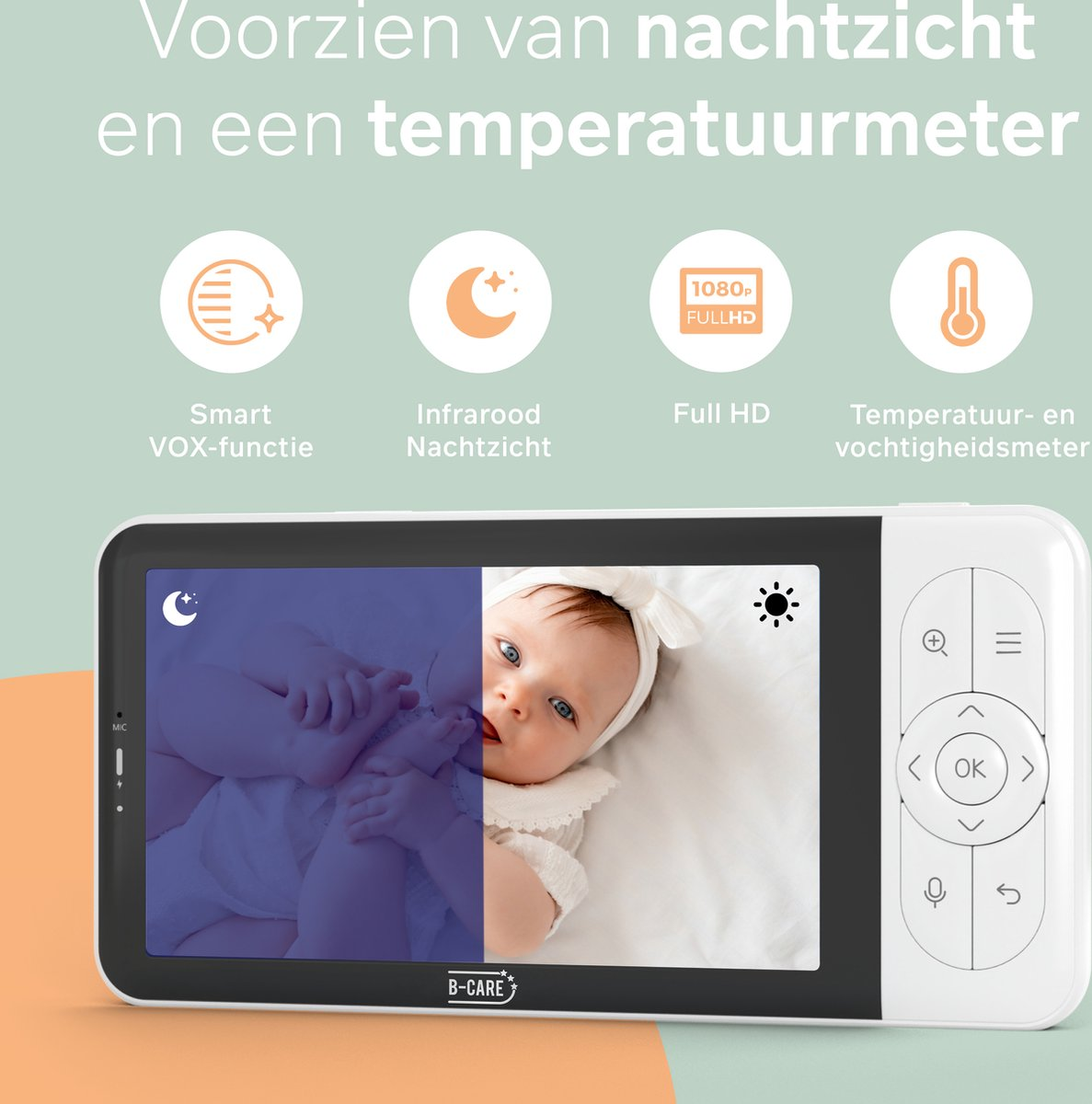 Babyphone mit Babyanzeige. Funktionen umfassen Nachtsicht, Full HD, Temperatur- und Feuchtigkeitsmesser. Das Gerät hat Tasten.