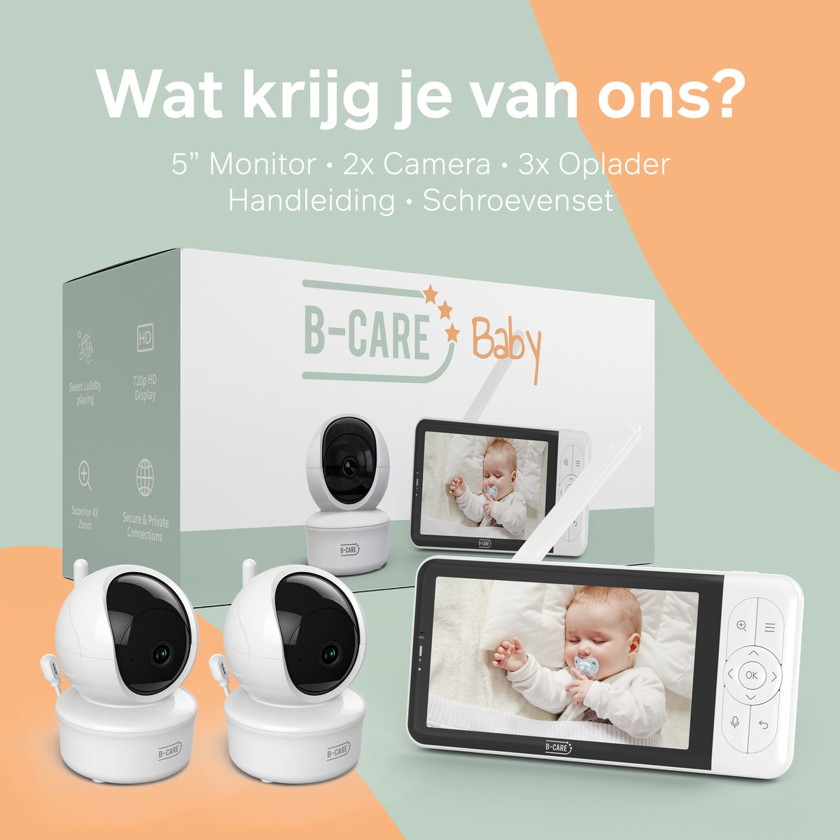 Babyphone-Set mit zwei Kameras, einem Monitor mit Baby-Anzeige und einer Box mit dem B-CARE Baby-Logo.