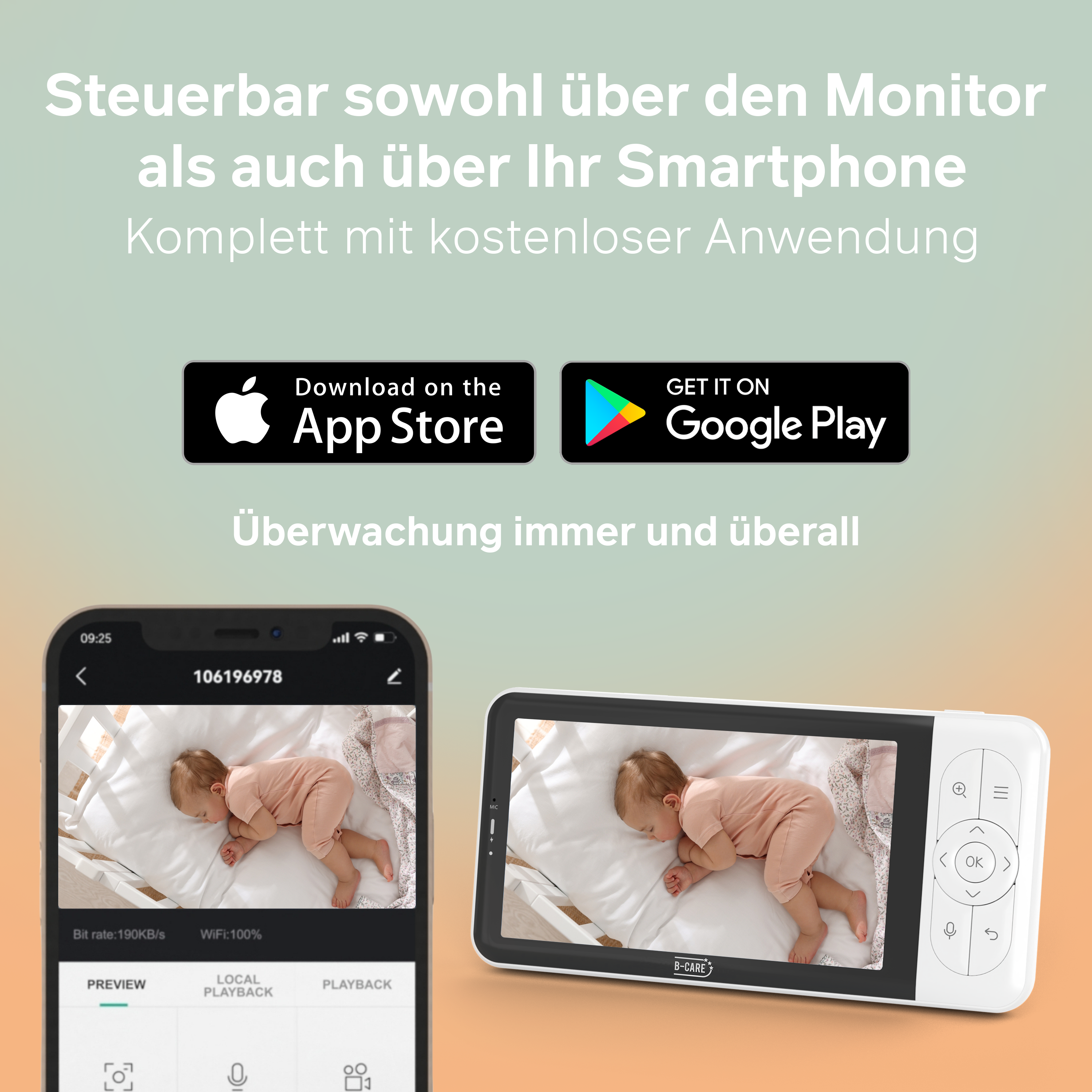 Ein Babyphone zeigt ein schlafendes Baby auf einem Smartphone und einem Monitor. Text sagt 'Download im App Store' und 'Bei Google Play'.