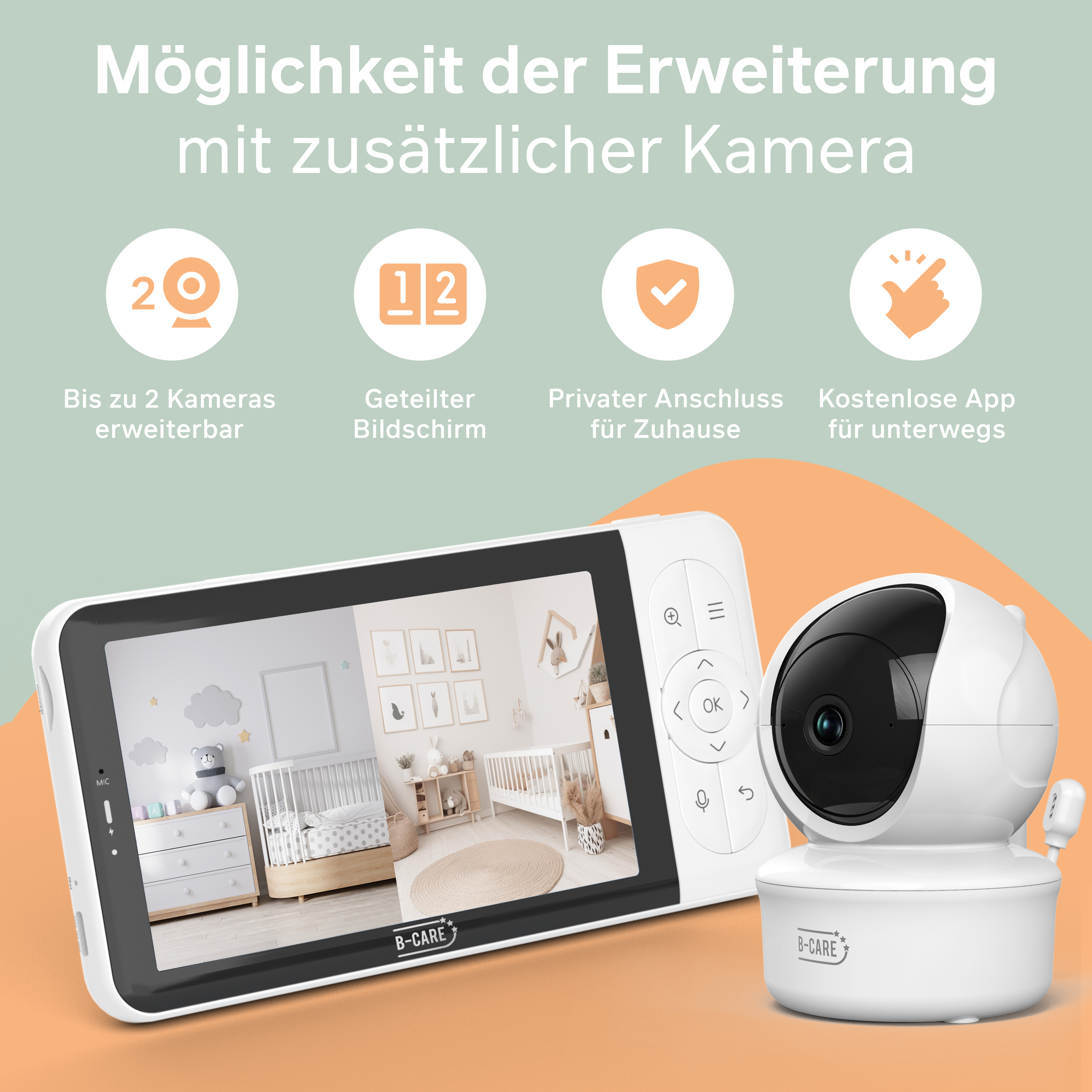 Weißer Baby-Monitor mit Bildschirm, der ein Kinderzimmer zeigt. Daneben eine weiße Kamera. Der Monitor hat Knöpfe.