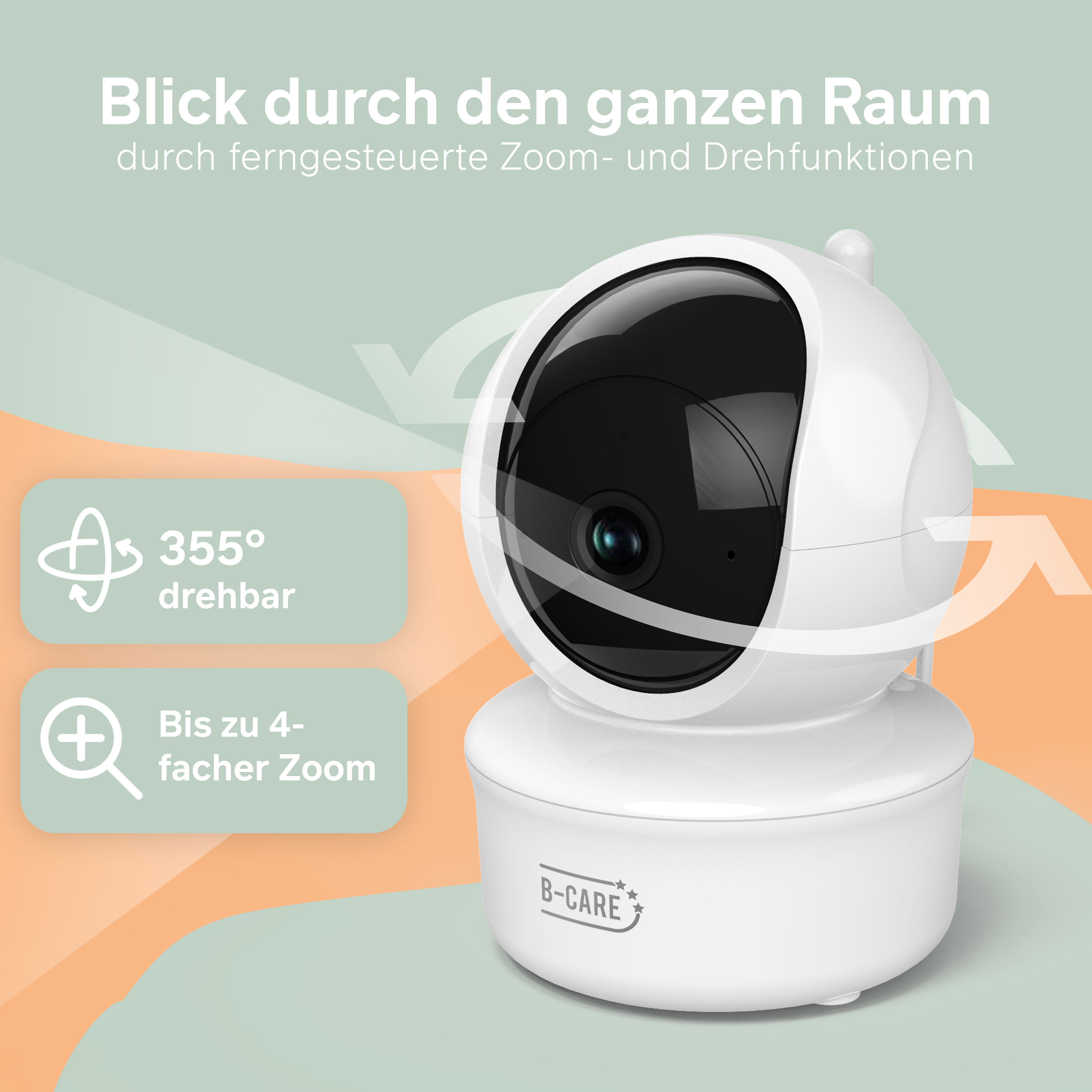 Eine weiße Überwachungskamera mit schwarzem Objektiv. Text zeigt 355° Drehung und 4x Zoom. Hintergrund ist hellgrün und orange.
