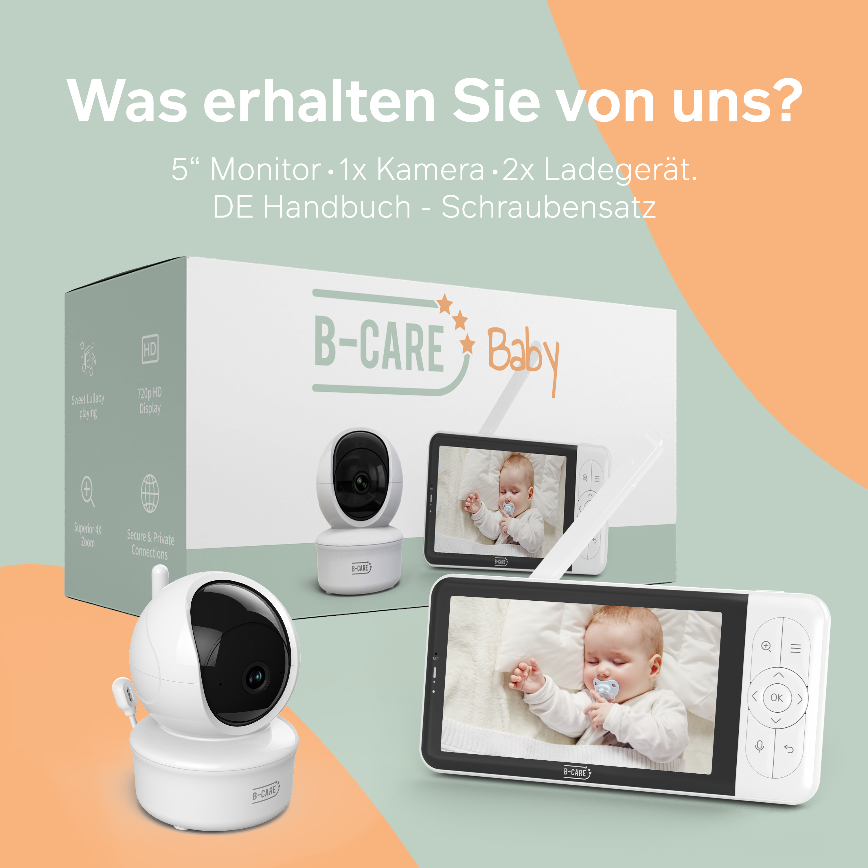 Babyphone-Set mit Kamera, Monitor und Zubehör. Enthält ein Baby auf dem Bildschirm und den Monitor und die Kamera.