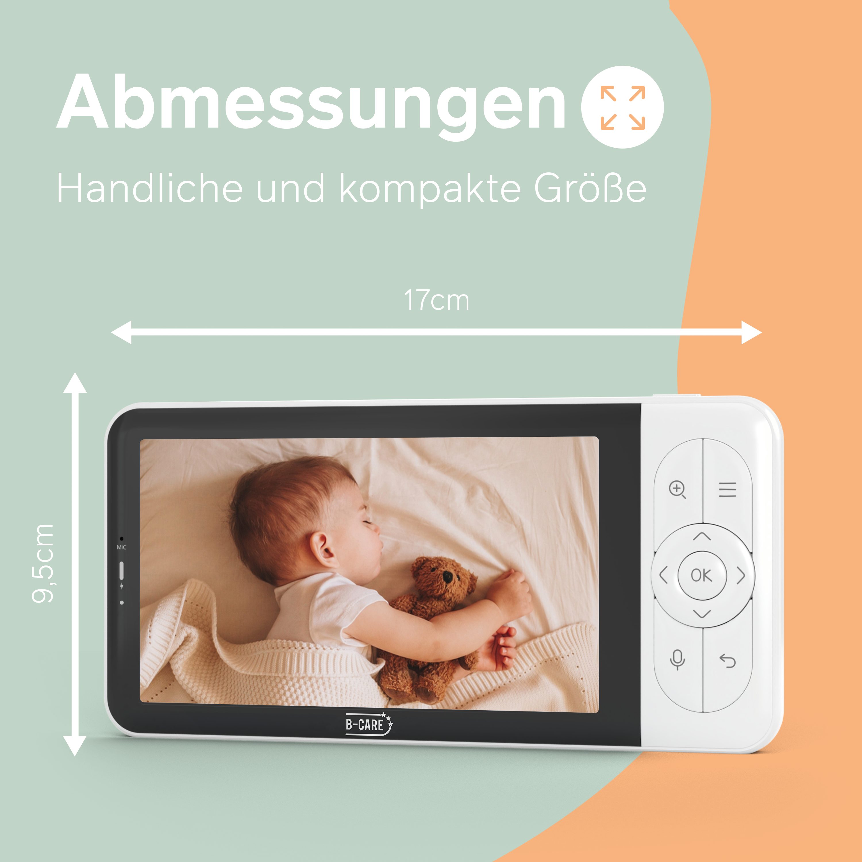 Ein Babyphone zeigt ein schlafendes Baby mit Teddybär. Abmessungen sind angegeben, Bedienelemente sind seitlich.