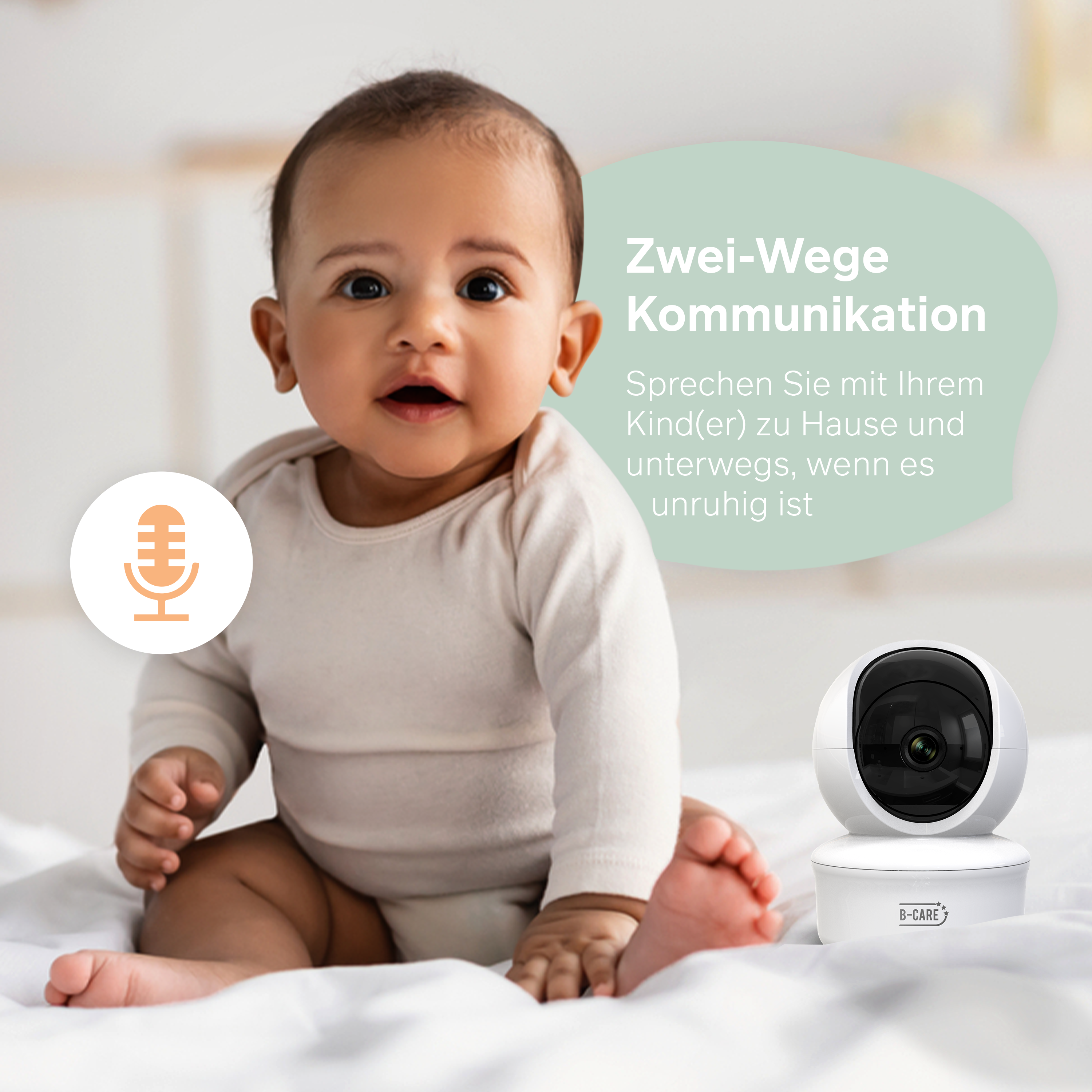 Ein Baby sitzt auf einem Bett. Daneben befindet sich ein Babyphone. Der Text lautet: 'Zwei-Wege-Kommunikation'.