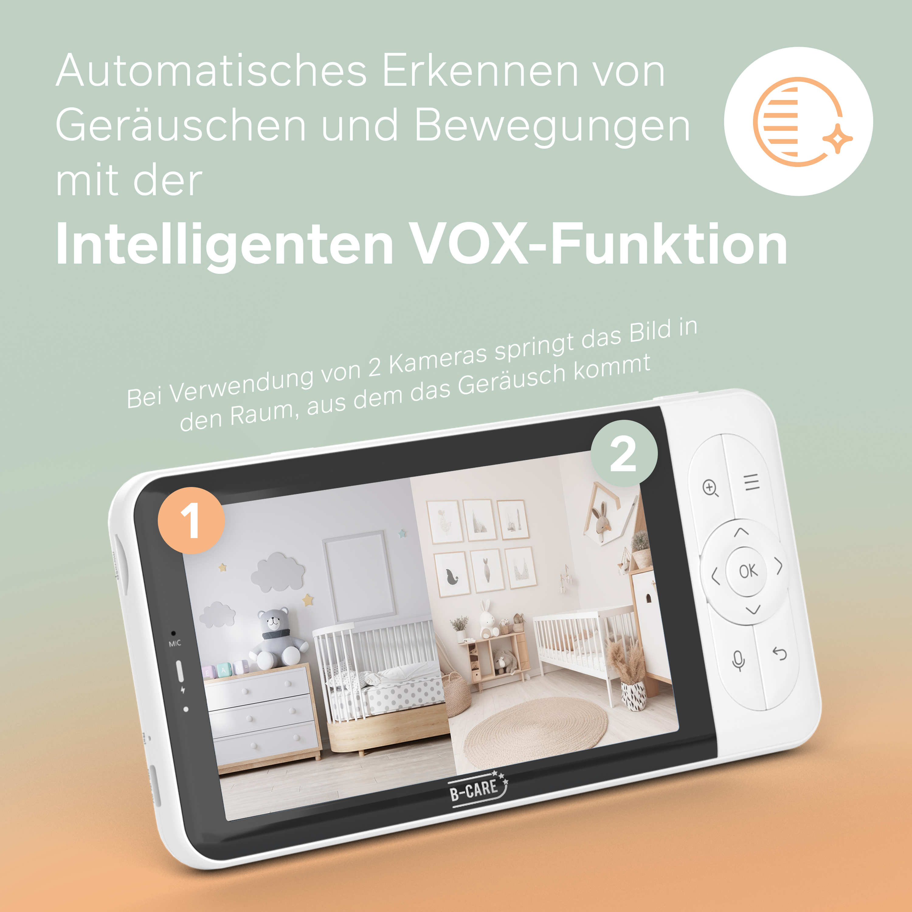 Ein Babyphone zeigt zwei Kinderzimmeransichten an. Der Monitor zeigt Text auf Deutsch an. Der Hintergrund ist ein Farbverlauf.