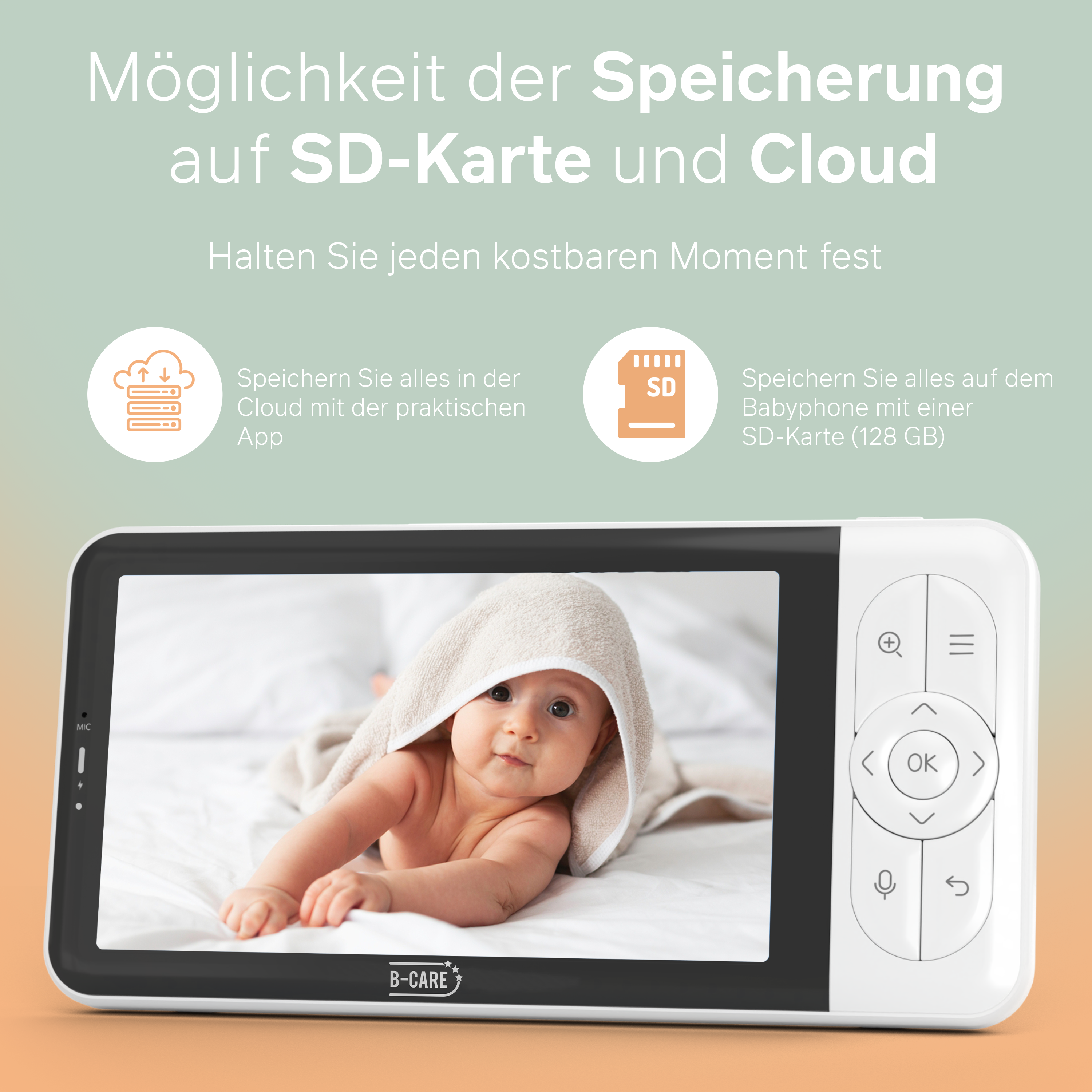 Baby auf dem Monitor. Der Monitor zeigt ein mit einem Handtuch bedecktes Baby. Text über Cloud- und SD-Karten-Speicherung.