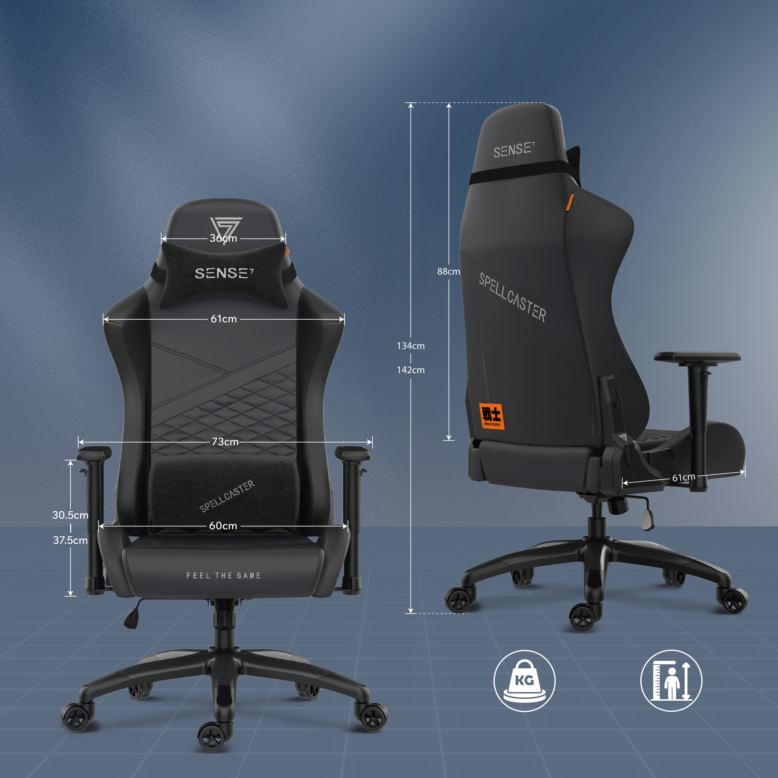 Schwarzer Gaming-Stuhl mit Maßen. Inklusive Kopfstütze, Rückenlehne, Armlehnen und Rollen. Abmessungen beschriftet.