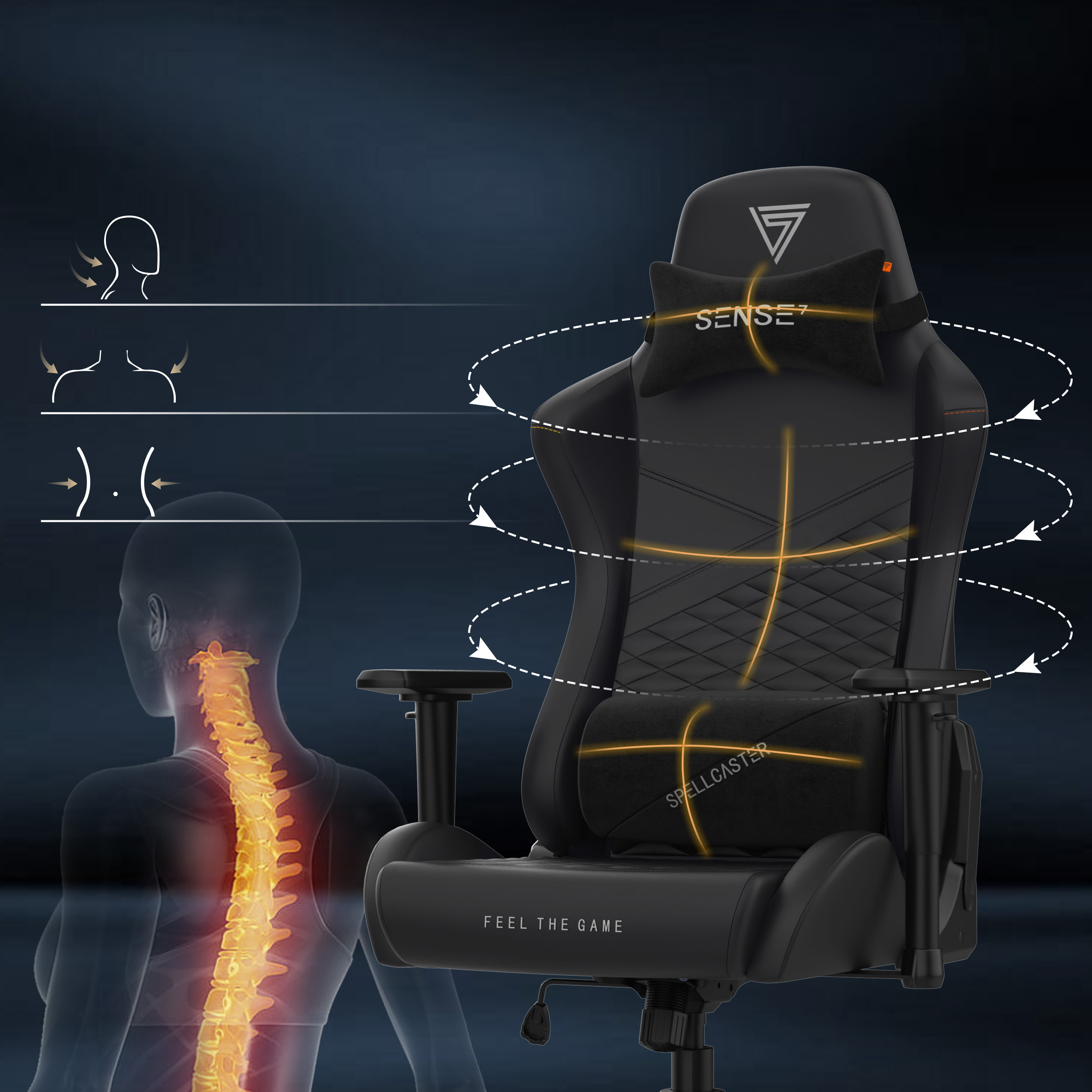 Schwarzer Gaming-Stuhl mit Kopf- und Lendenwirbelstütze. Wirbelsäulenillustration und Diagramme zeigen ergonomisches Design.
