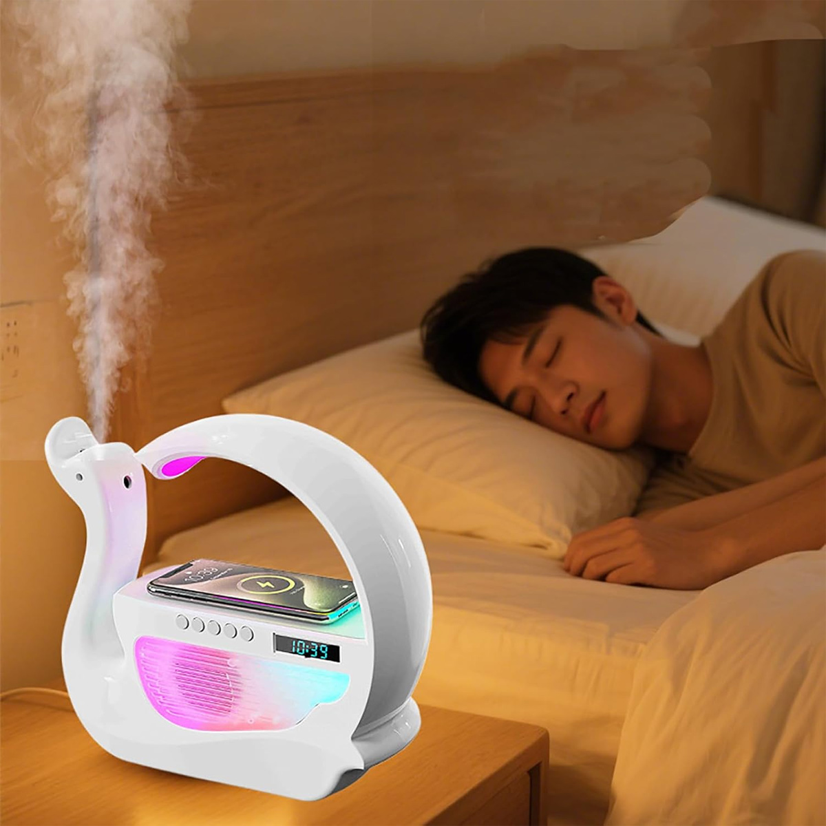 Ein Mann schläft im Bett neben einem schwanförmigen Luftbefeuchter mit einem Telefon darauf. Das Gerät emittiert Dampf.