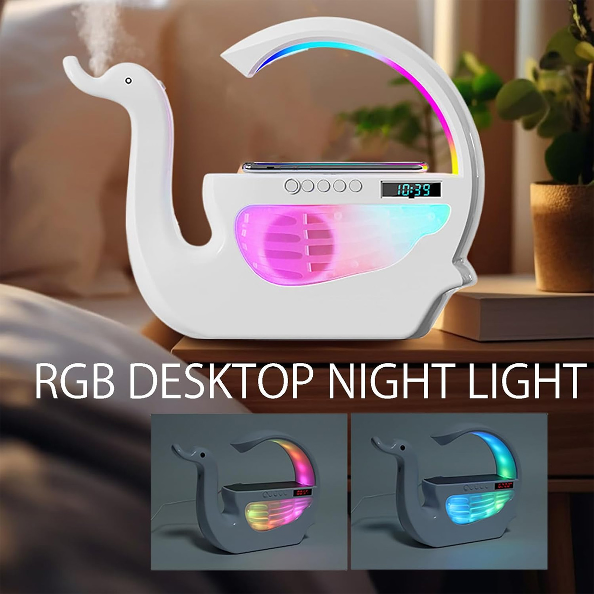 Ein weißes schwanförmiges RGB-Nachtlicht mit Digitaluhr. Oben liegt ein Telefon, und das Licht strahlt bunte Farben aus. Der Hintergrund ist unscharf.