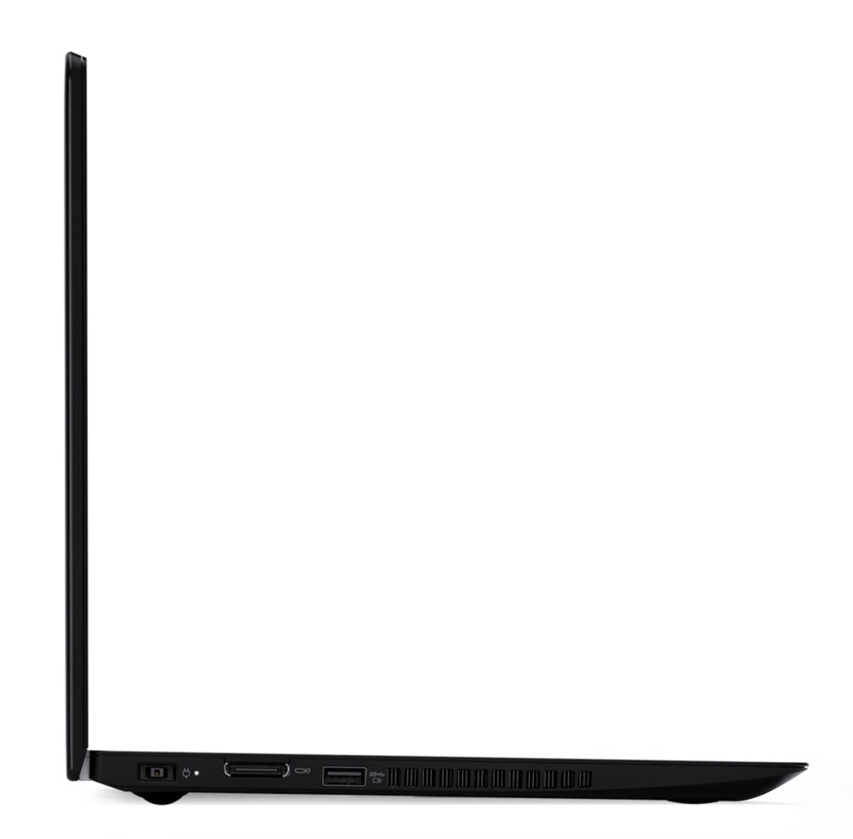 Seitenansicht eines schwarzen Laptops. Anschlüsse und Lüftungsschlitze sind am unteren Rand sichtbar. Der Bildschirm ist geschlossen.