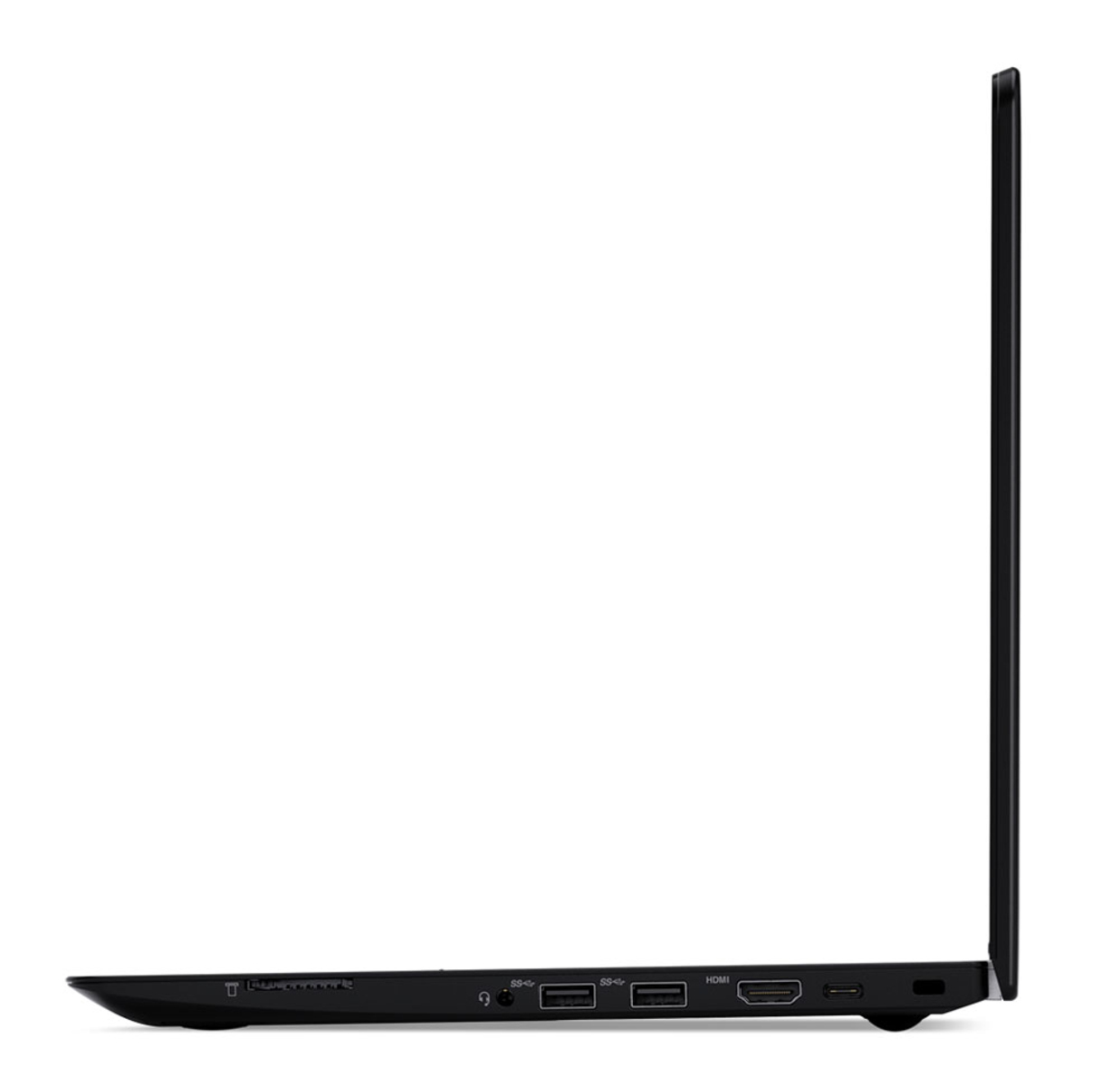 Seitenansicht eines schwarzen Laptops. Der Bildschirm ist geschlossen, die Anschlüsse sind sichtbar. Der Hintergrund ist weiß.