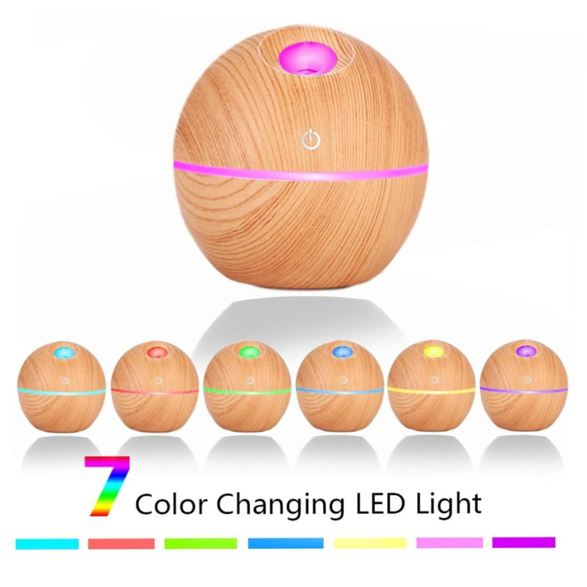 Holzkugel-Luftbefeuchter mit 7-farbigem LED-Licht. Er hat einen Ein-/Ausschalter und eine leuchtende Linie. Darunter sind sechs kleinere Befeuchter.