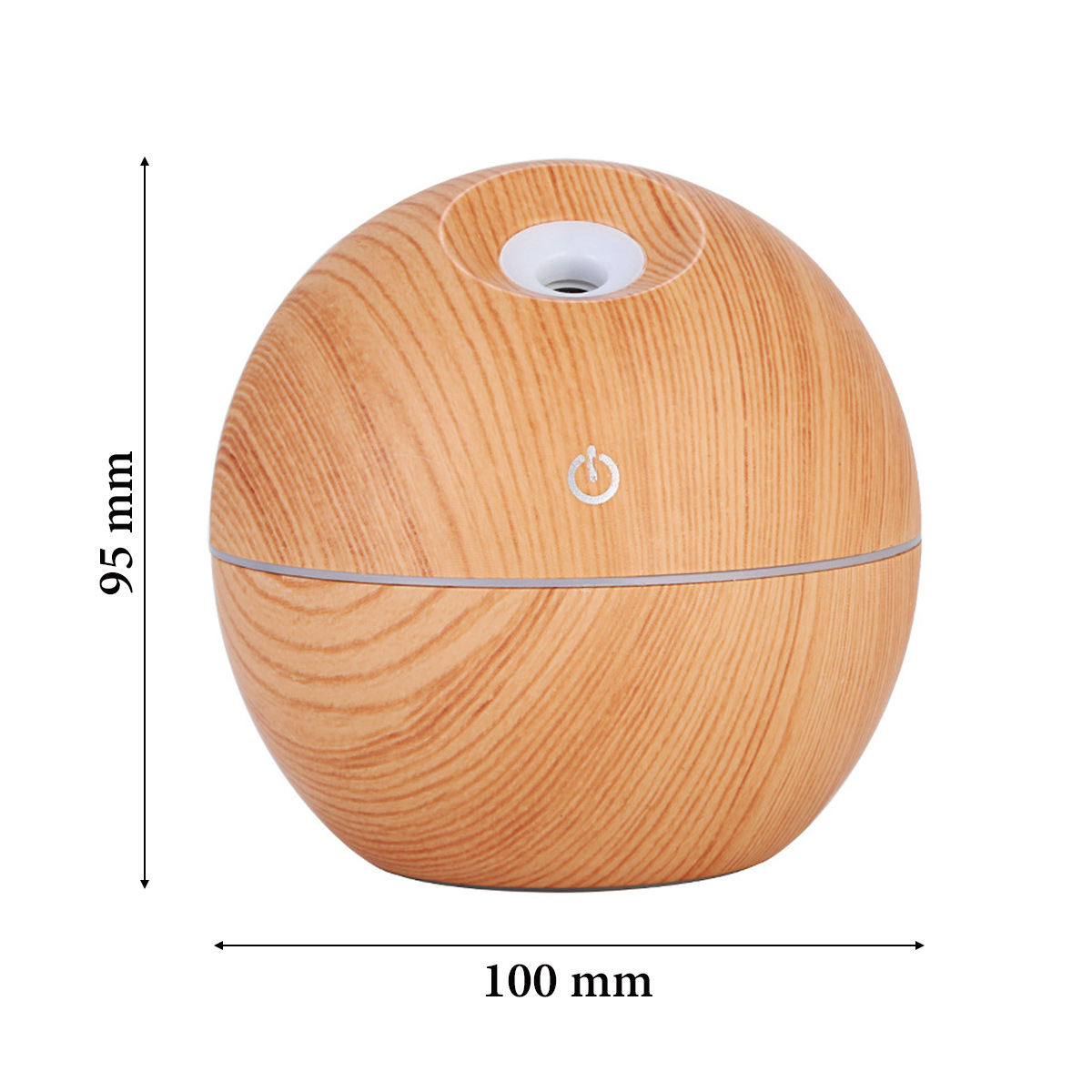 Ein holzstrukturiertes, kugelförmiges Luftbefeuchter mit einem Ein- / Aus-Schalter und Abmessungen von 95 mm Höhe und 100 mm Breite vor weißem Hintergrund.
