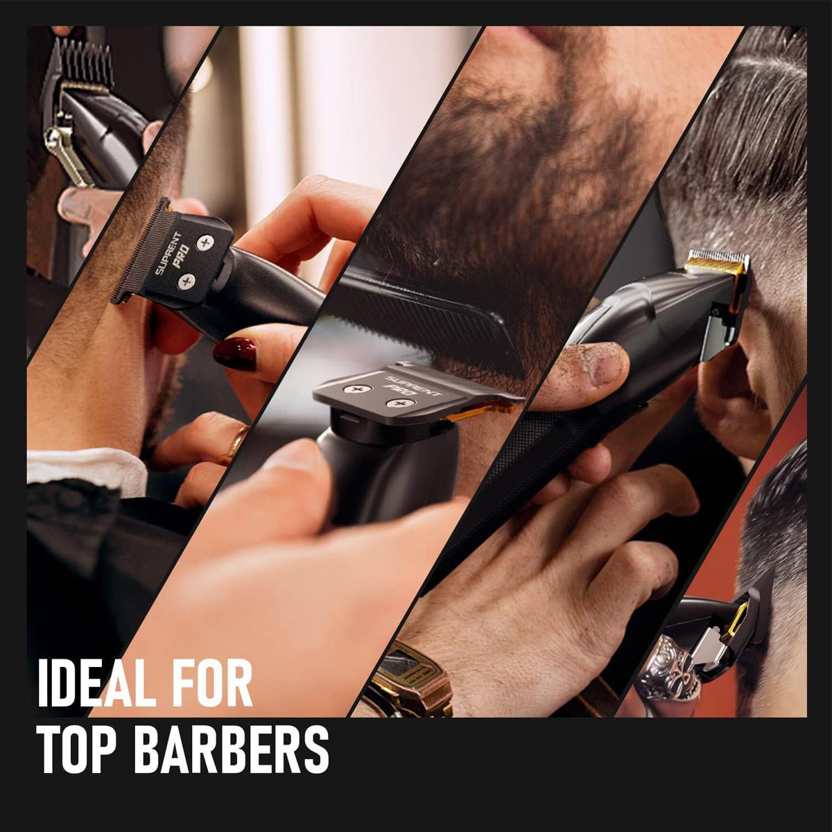 Das Bild zeigt Nahaufnahmen von Haarschnitten mit Haarschneidemaschinen. Text-Overlay: IDEAL FÜR TOP-FRISEURE.