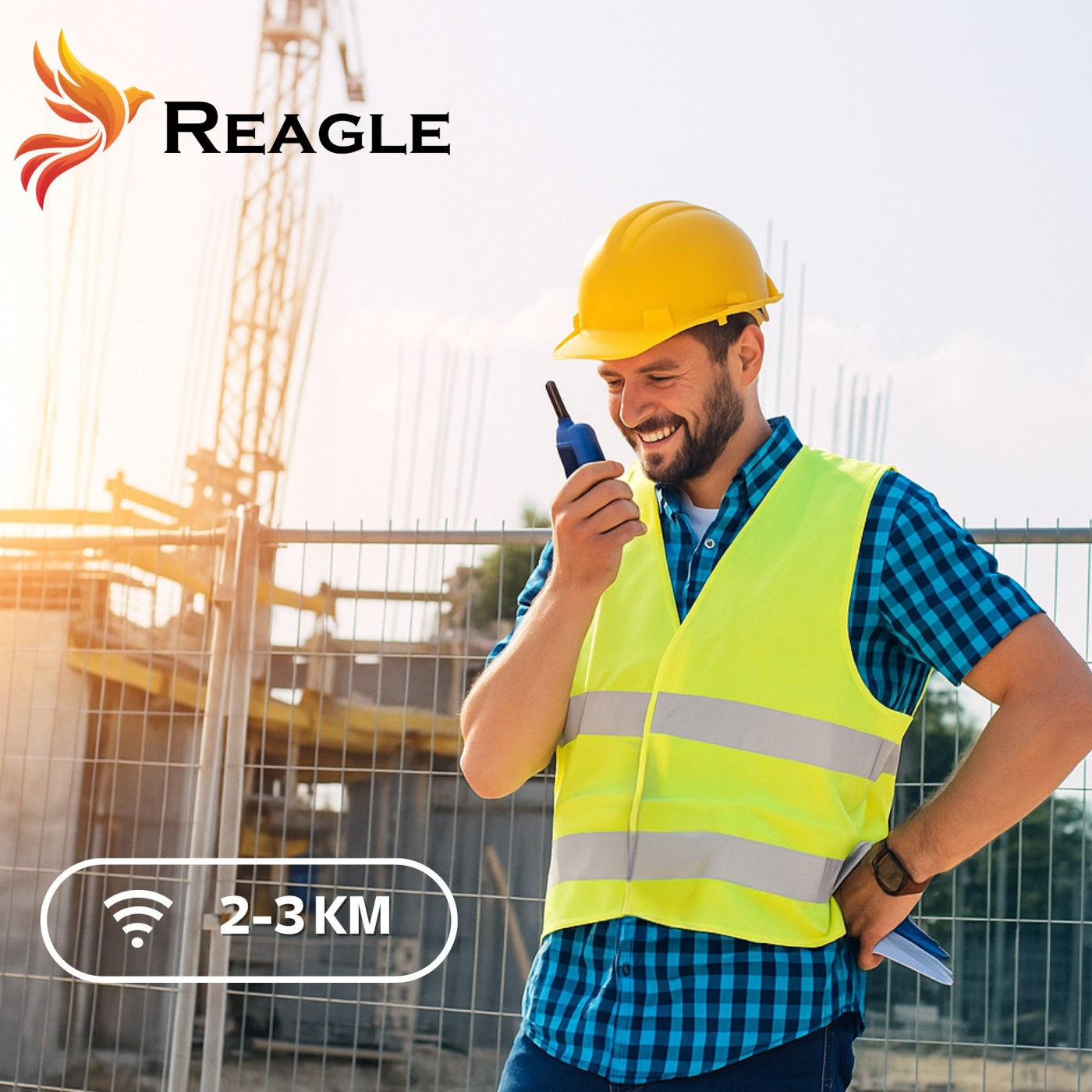 Uśmiechnięty pracownik z radiem na budowie. Ma żółty kask i kamizelkę. Tło: dźwig i ogrodzenie.