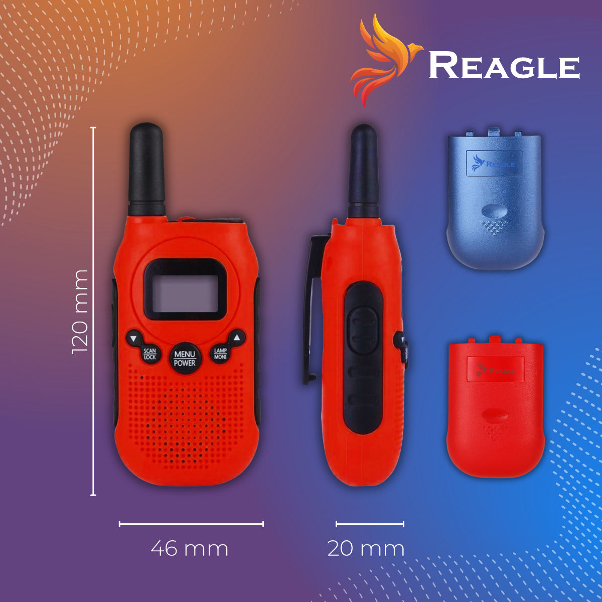Pomarańczowy zestaw walkie-talkie z niebieskimi i czerwonymi przegródkami na baterie. Wymiary: 120 mm x 46 mm i 20 mm.