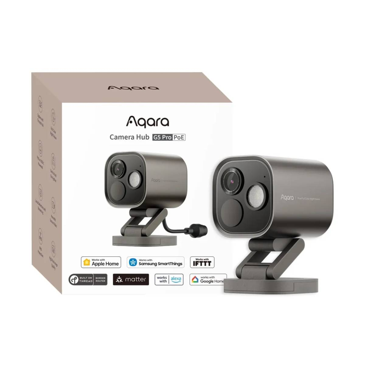 Aqara Camera Hub G5 Pro PoE. Zwei graue Kameras auf Ständern, Produktkarton im Hintergrund mit Logos für Apple Home, Alexa und andere.