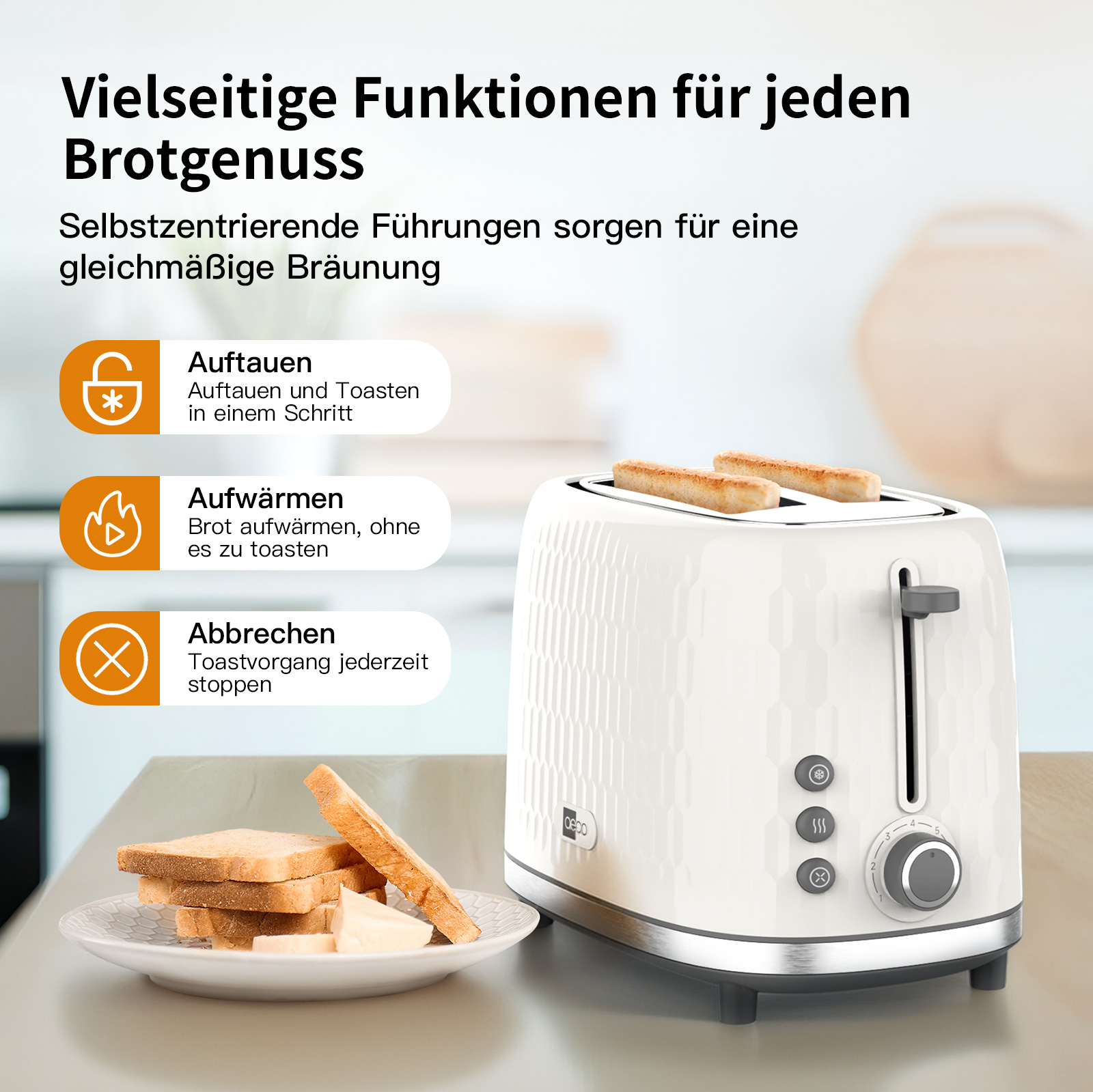 Ein weißer Toaster mit geröstetem Brot. Brotscheiben und Butter liegen auf einem Teller. Text links.