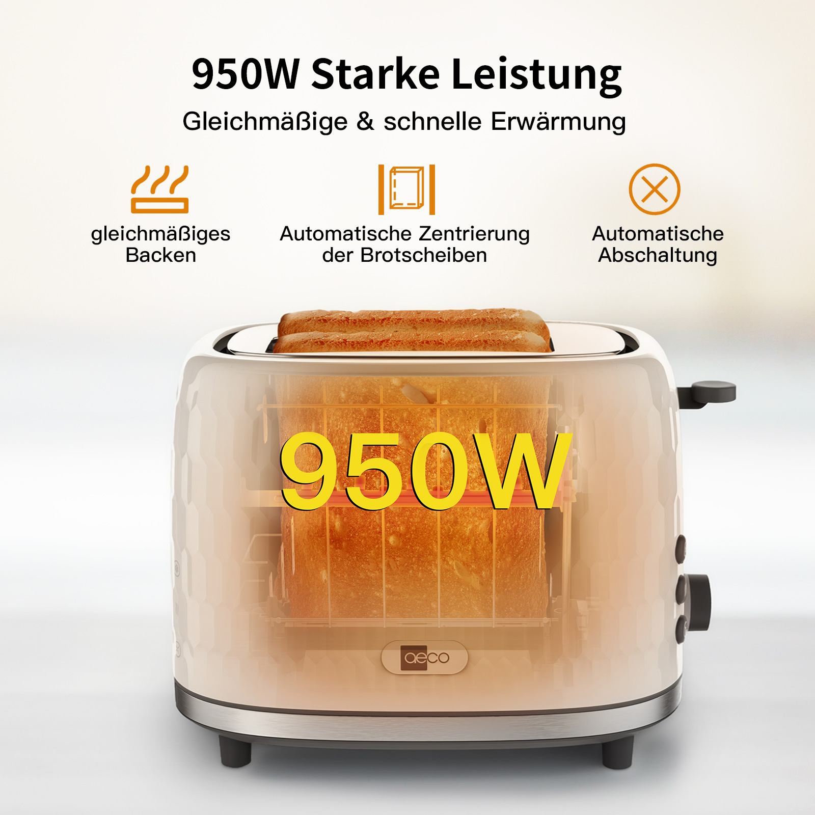 Ein Toaster mit geröstetem Brot. Er hat 950W Leistung und automatische Funktionen.