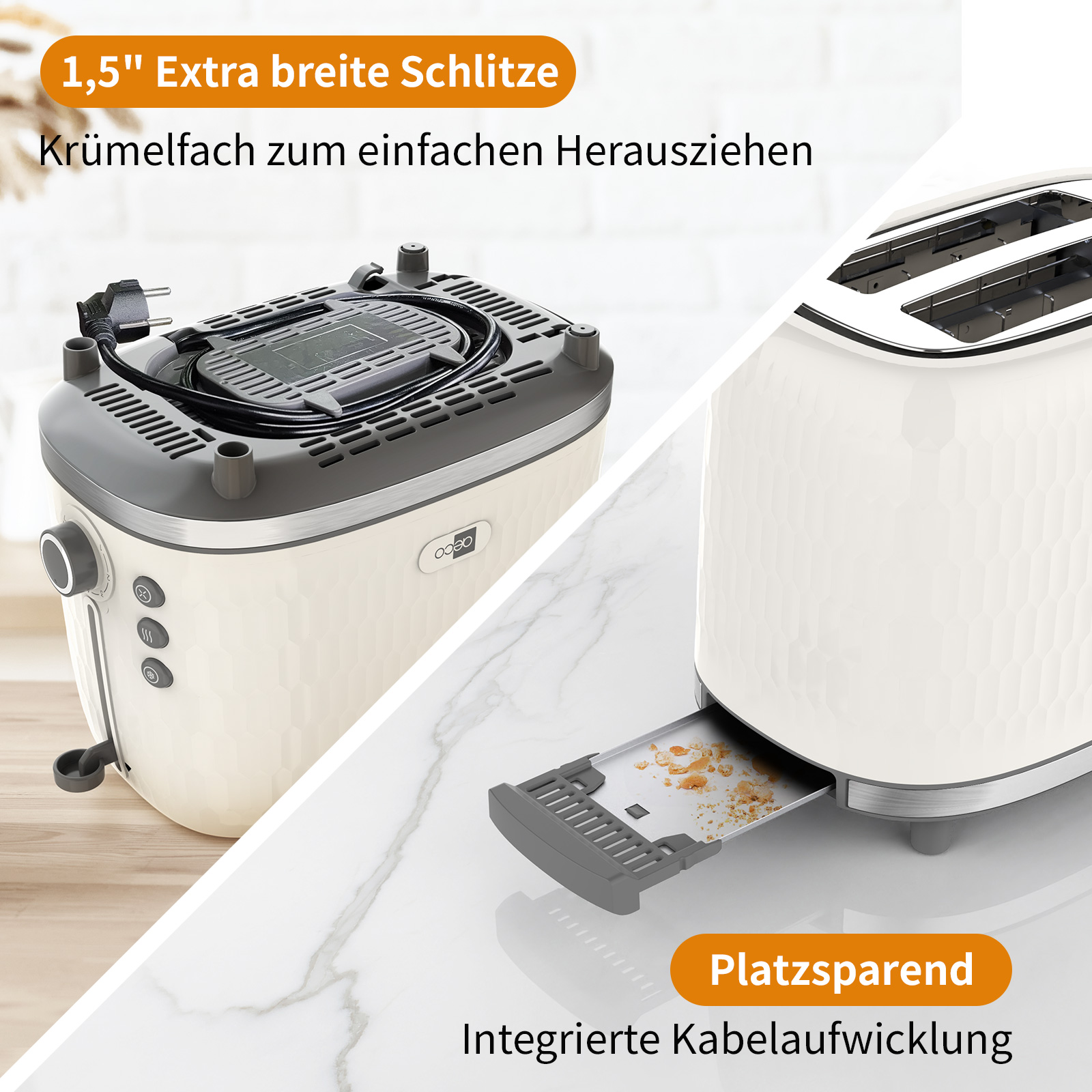 Ein weißer Toaster mit breiten Schlitzen. Er hat ein Krümelfach und eine Kabelaufwicklung. Der Hintergrund ist eine Marmoroberfläche.