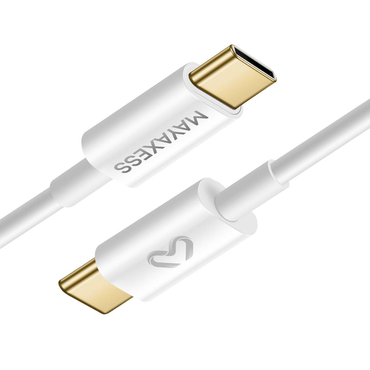 Un cavo USB-C bianco con connettori dorati. Il cavo ha il marchio MAYAXESS stampato. Lo sfondo è bianco.