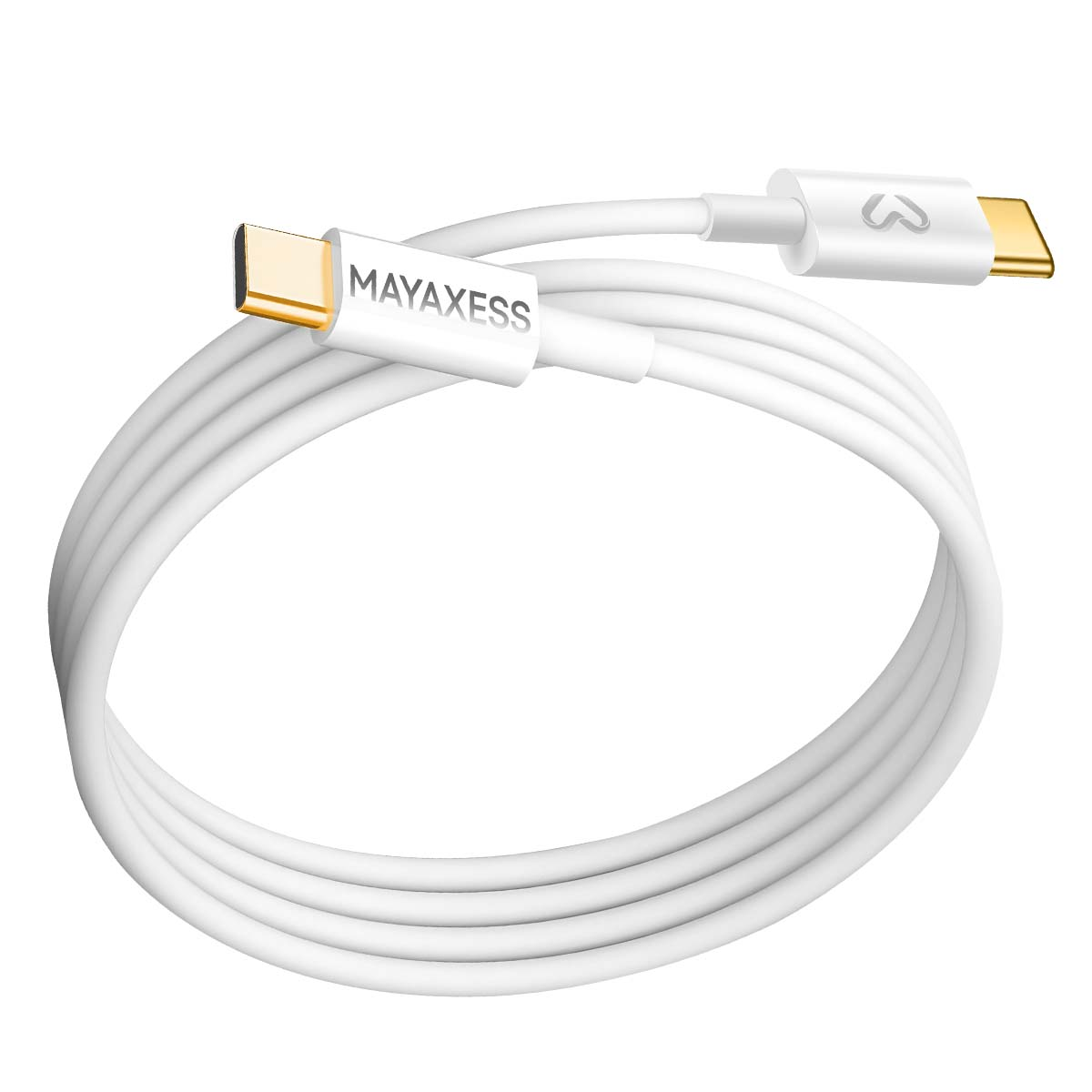 Un cavo USB-C bianco con connettori dorati. Il cavo è arrotolato, con il marchio MAYAXESS visibile.
