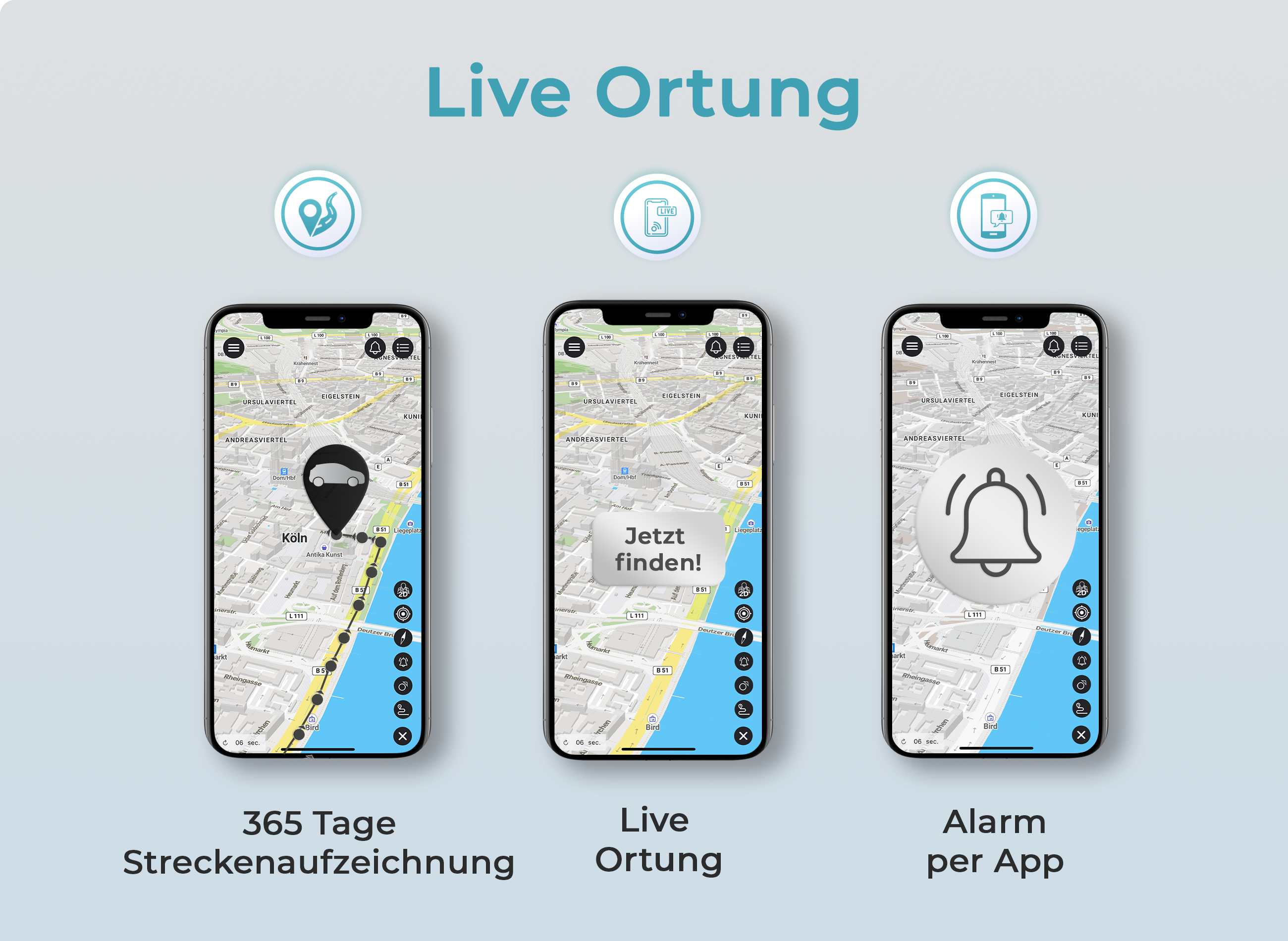 Drei Telefone zeigen Karten mit Standorten. Text: 365 Tage Streckenaufzeichnung, Live Ortung, und Alarm per App.