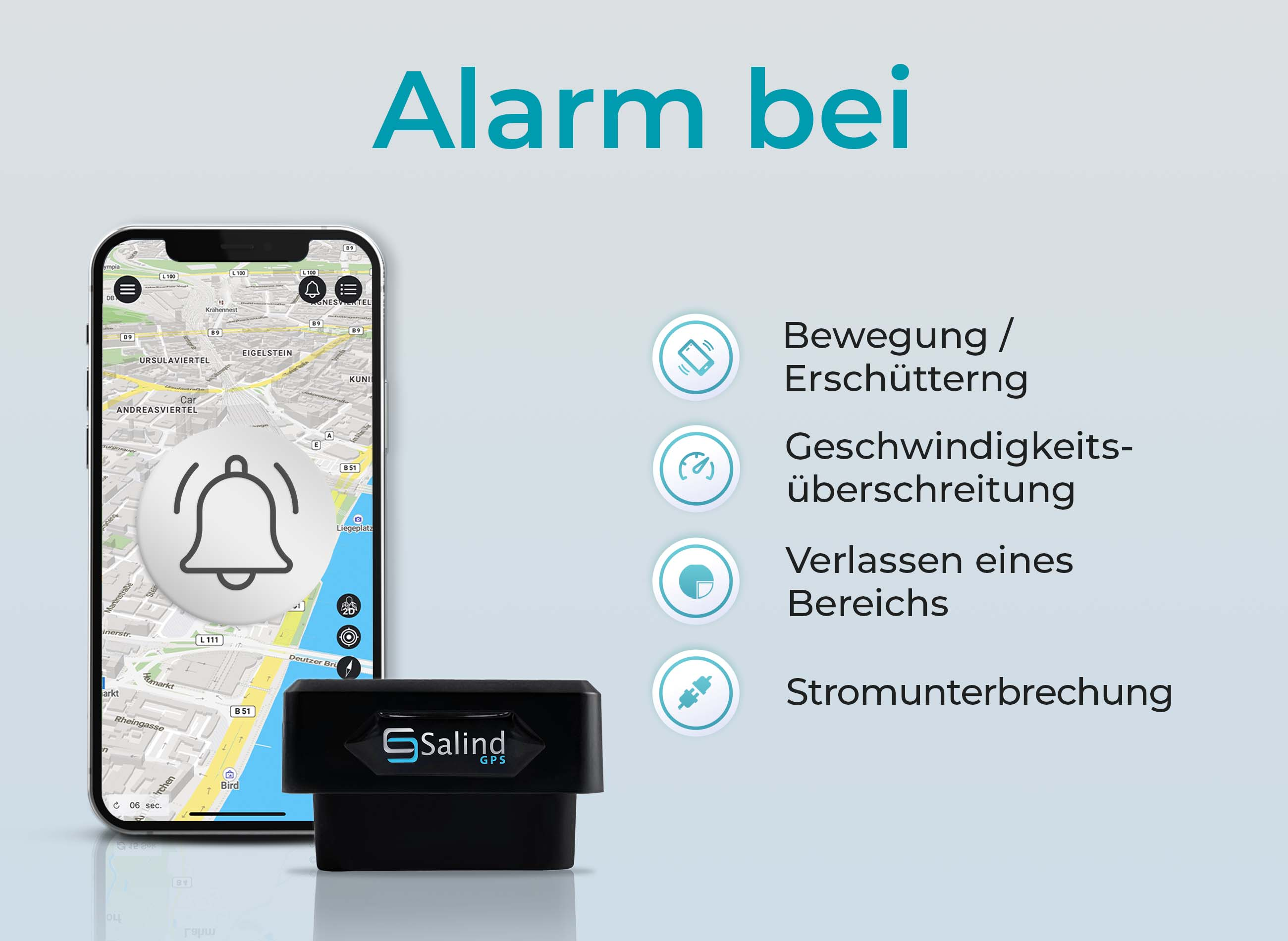 Smartphone mit Karte und Glockensymbol. Darunter ein schwarzes Gerät mit 'Salind GPS'.