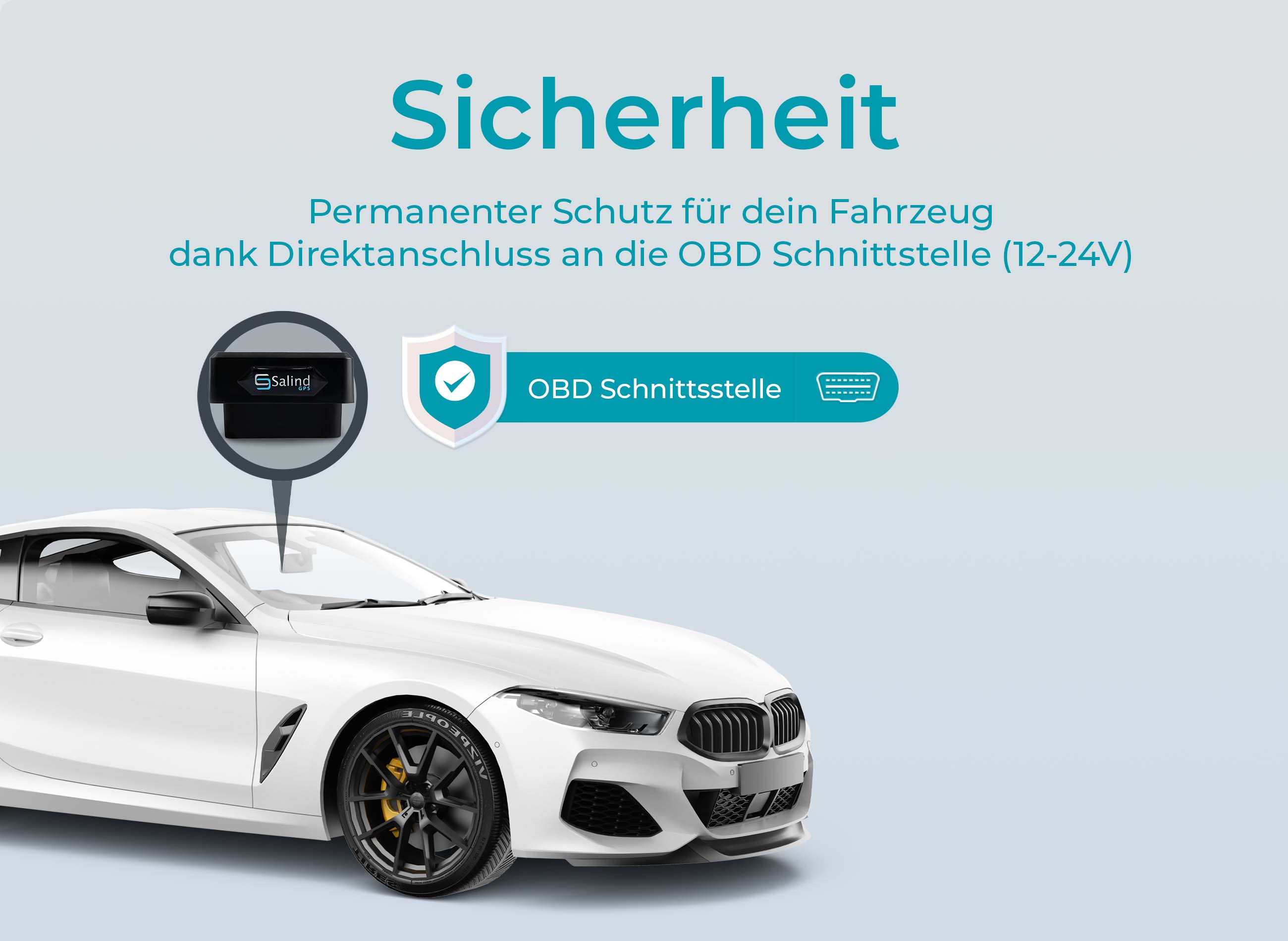 Weißes Auto mit schwarzen Rädern. Ein Gerät ist an den OBD-Anschluss des Autos angeschlossen.