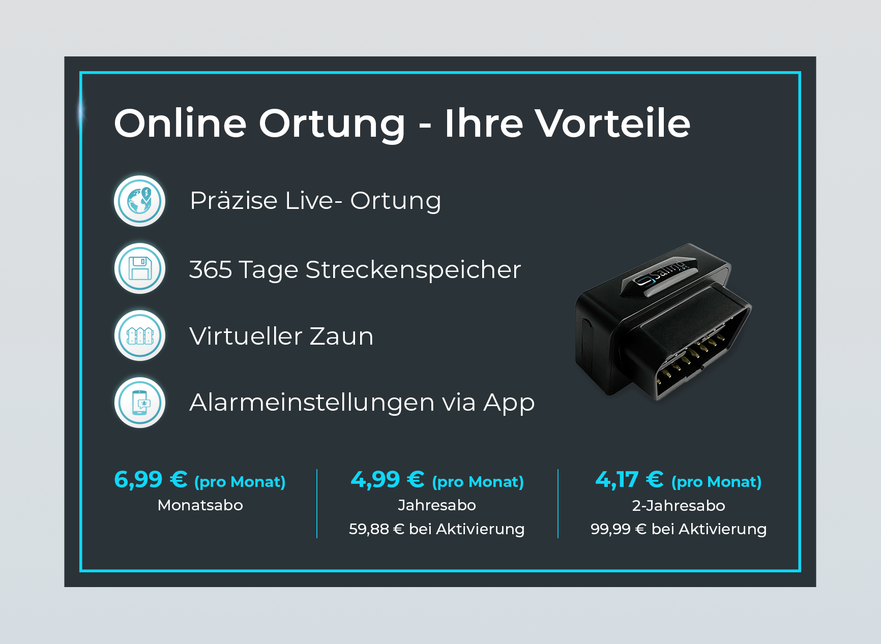 Werbung für Online-Ortungsdienste. Funktionen umfassen Live-Tracking, Routenspeicher, virtueller Zaun und App-Einstellungen. Preise sind angegeben.