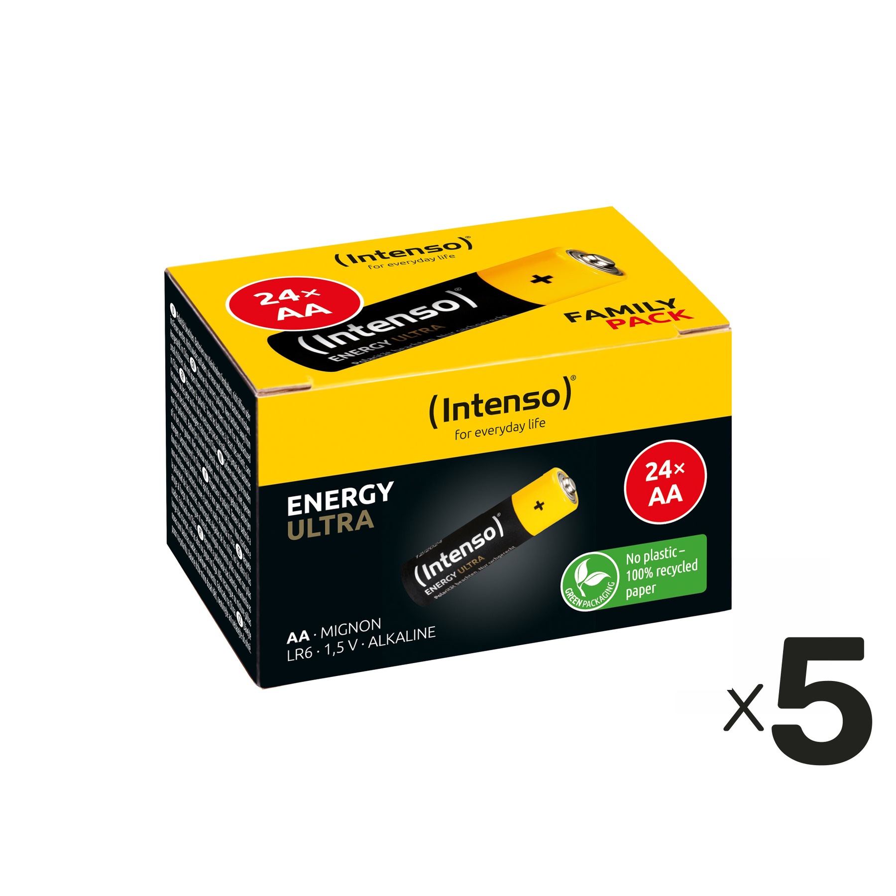 Eine gelbe Schachtel mit Intenso AA-Batterien. Auf der Schachtel steht 'Family Pack' und 'Energy Ultra'. Es gibt 5 Schachteln.