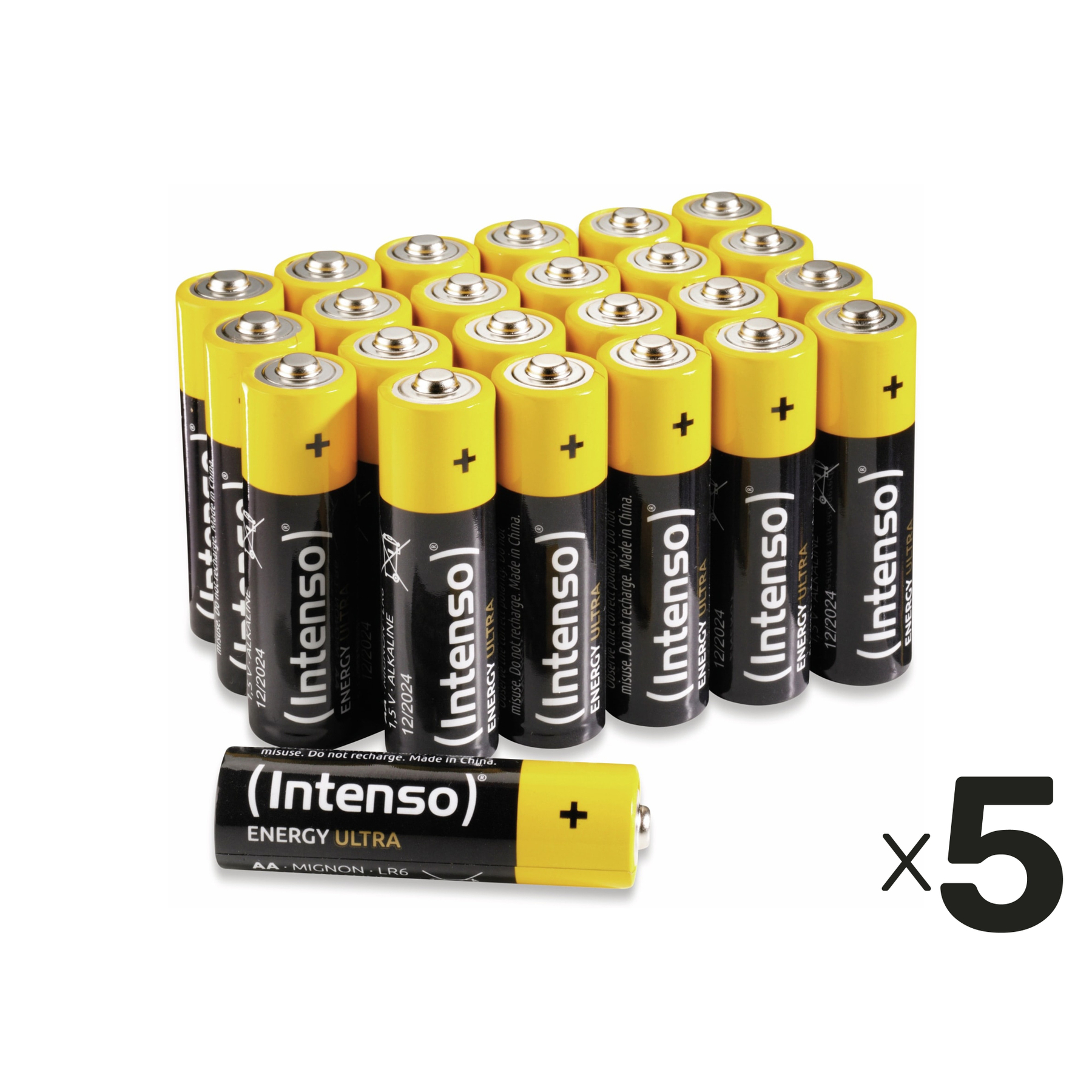 Eine Packung AA-Batterien mit schwarzen und gelben Etiketten. Das Bild zeigt 25 Batterien und eine einzelne, mit einem 'x5'-Zeichen.
